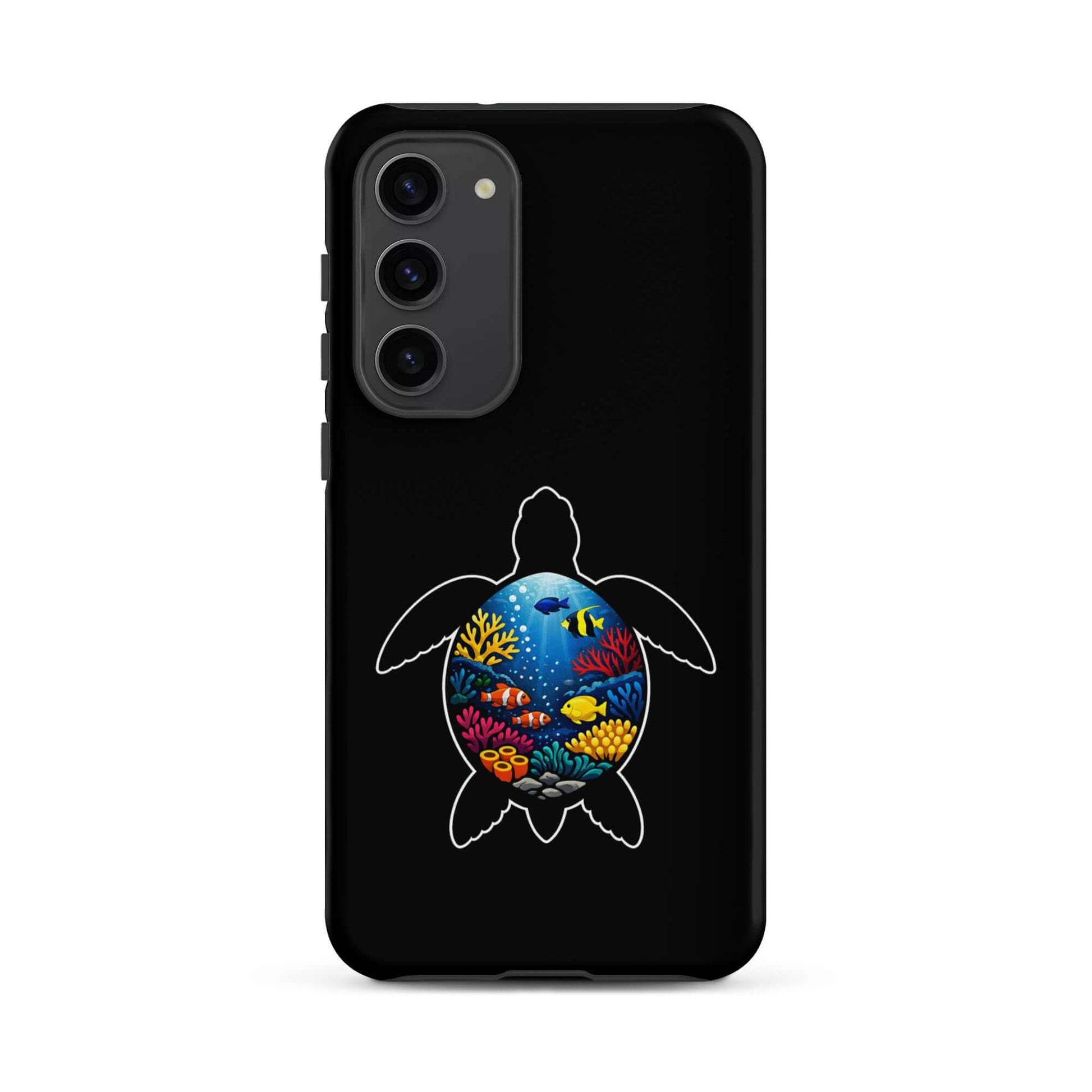 Phone case featuring a vibrant sea turtle reef design on a black background, ideal for marine life enthusiasts.