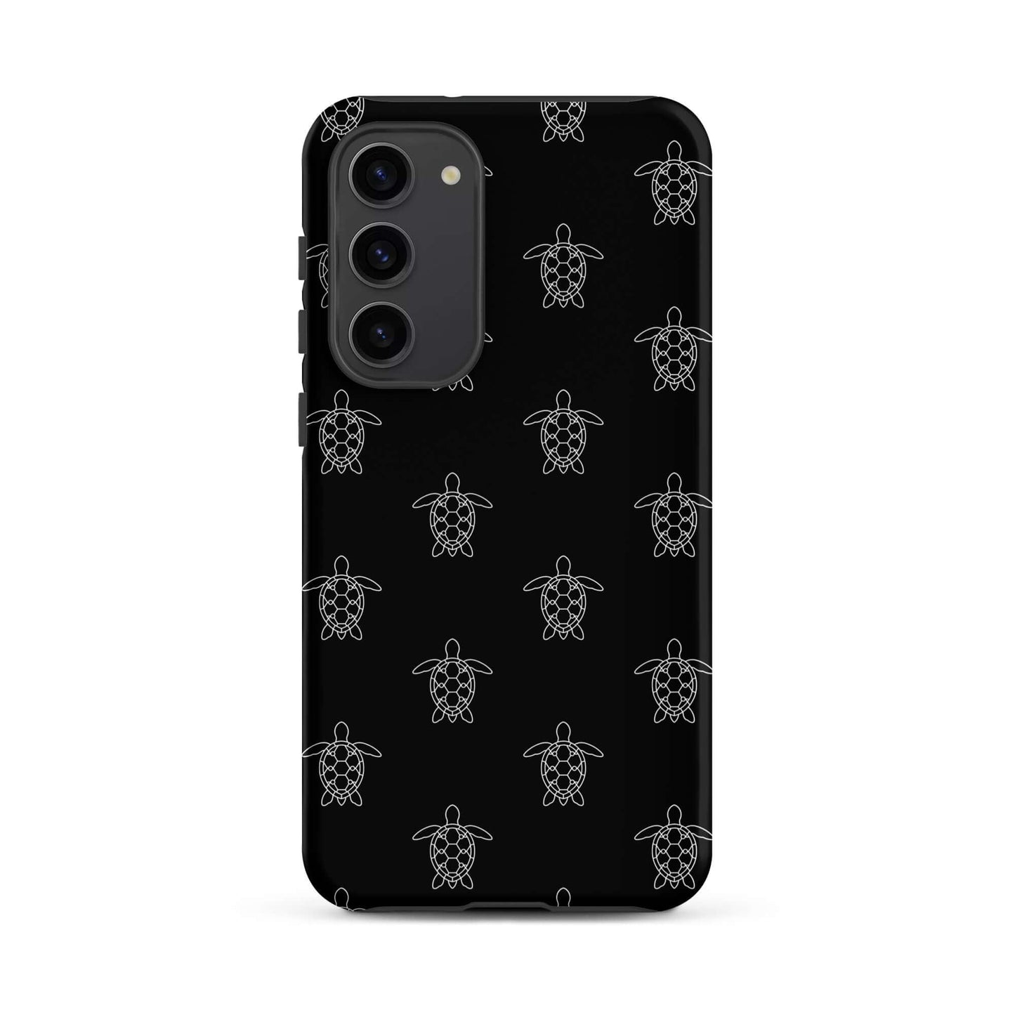 Phone Case for Samsung Galaxy featuring minimalist sea turtle pattern in white on a black background.