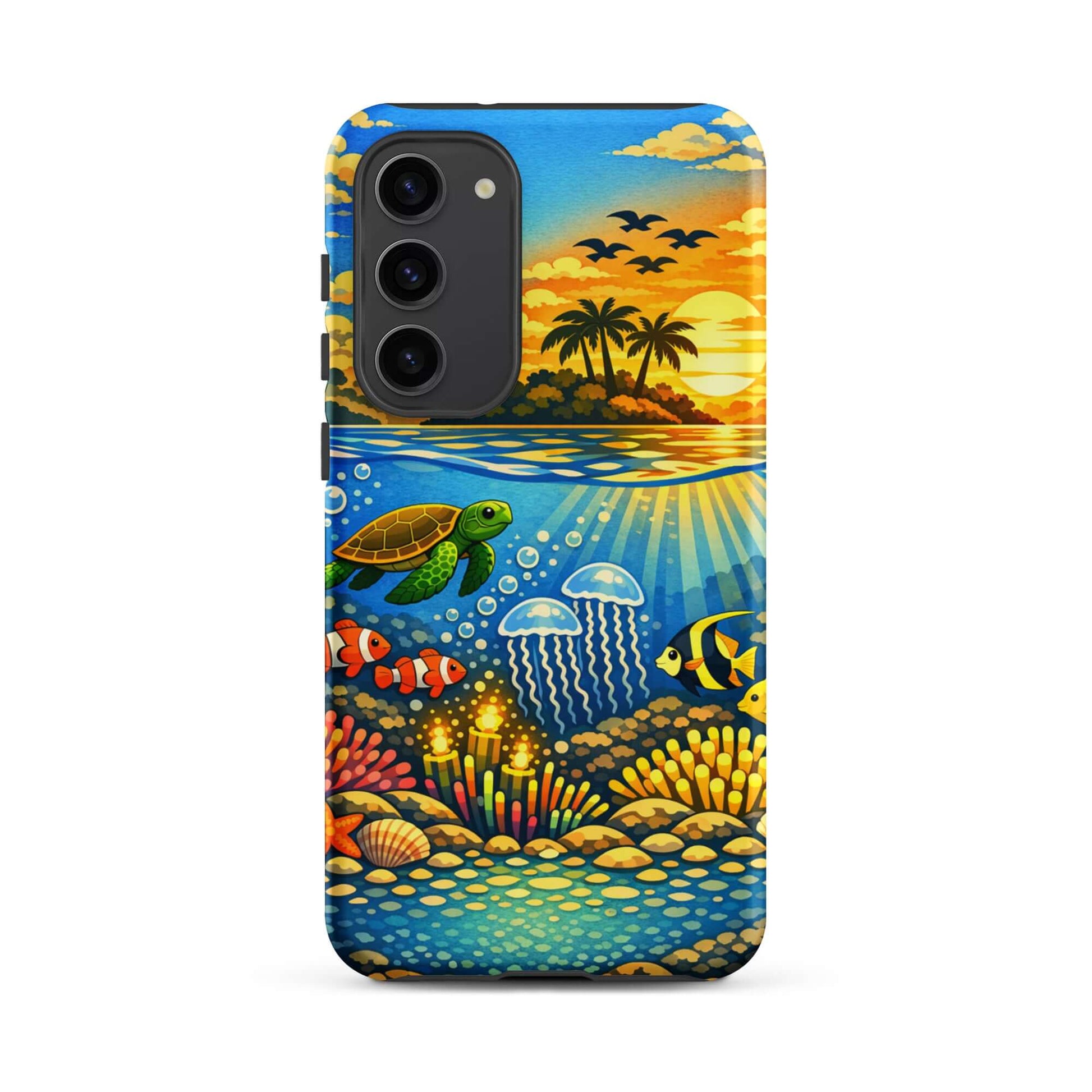 Phone Case for Samsung Galaxy featuring a tropical sunset and vibrant underwater reef illustration.