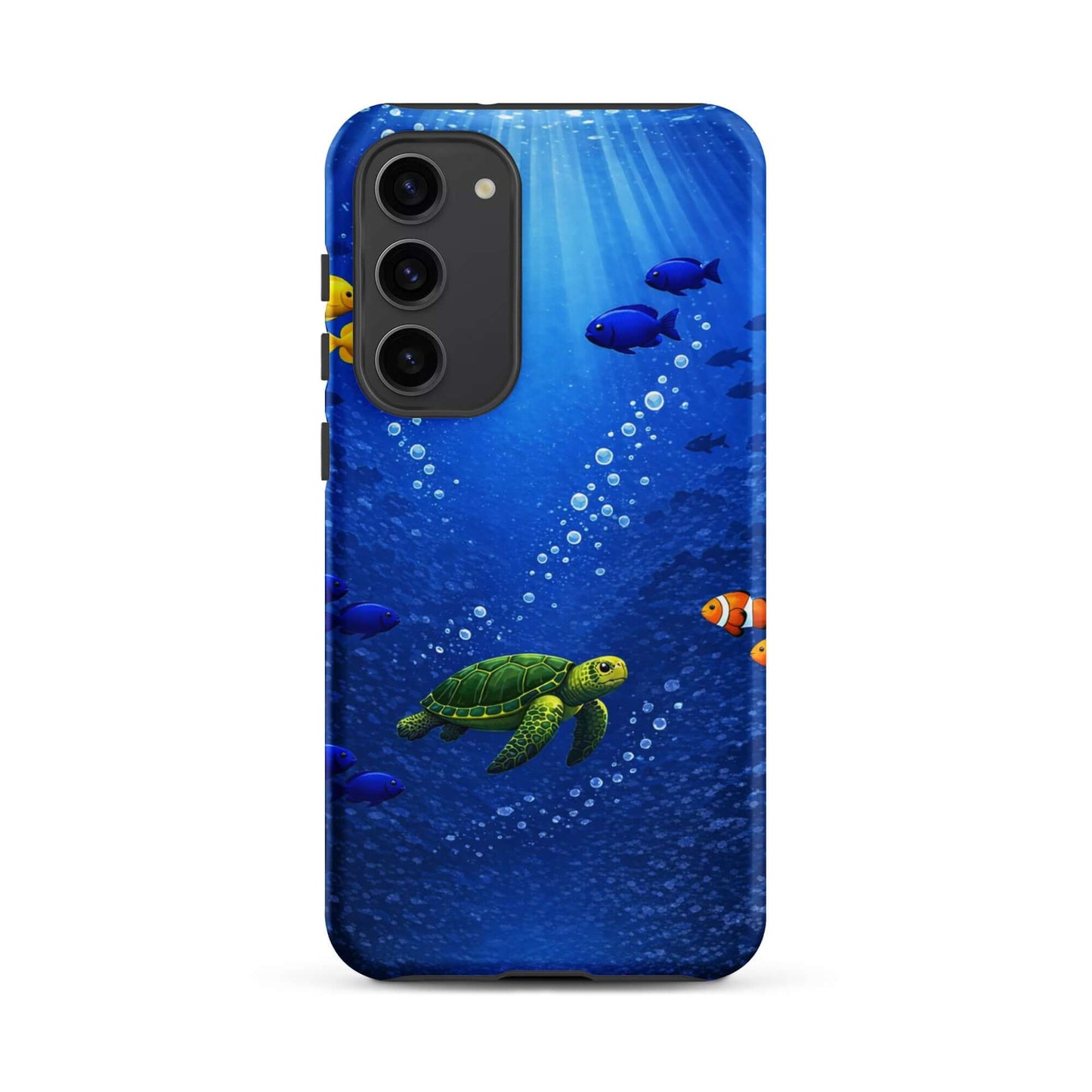 Phone Case for Samsung Galaxy featuring a sea turtle design against a vibrant underwater scene.