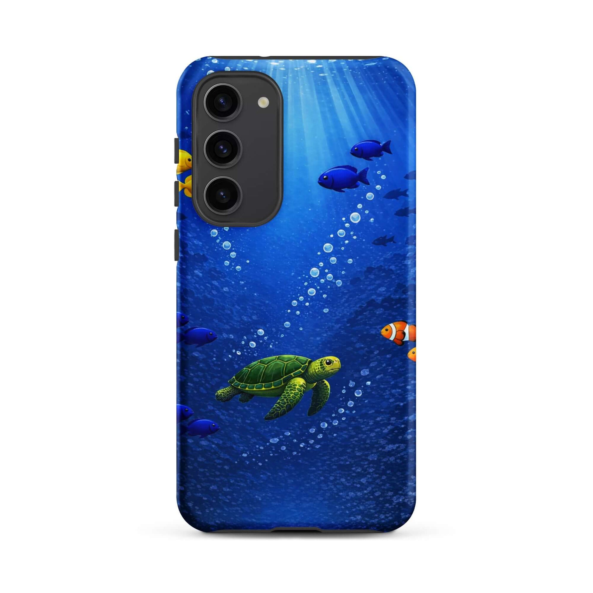Phone Case for Samsung Galaxy featuring a sea turtle design against a vibrant underwater scene.