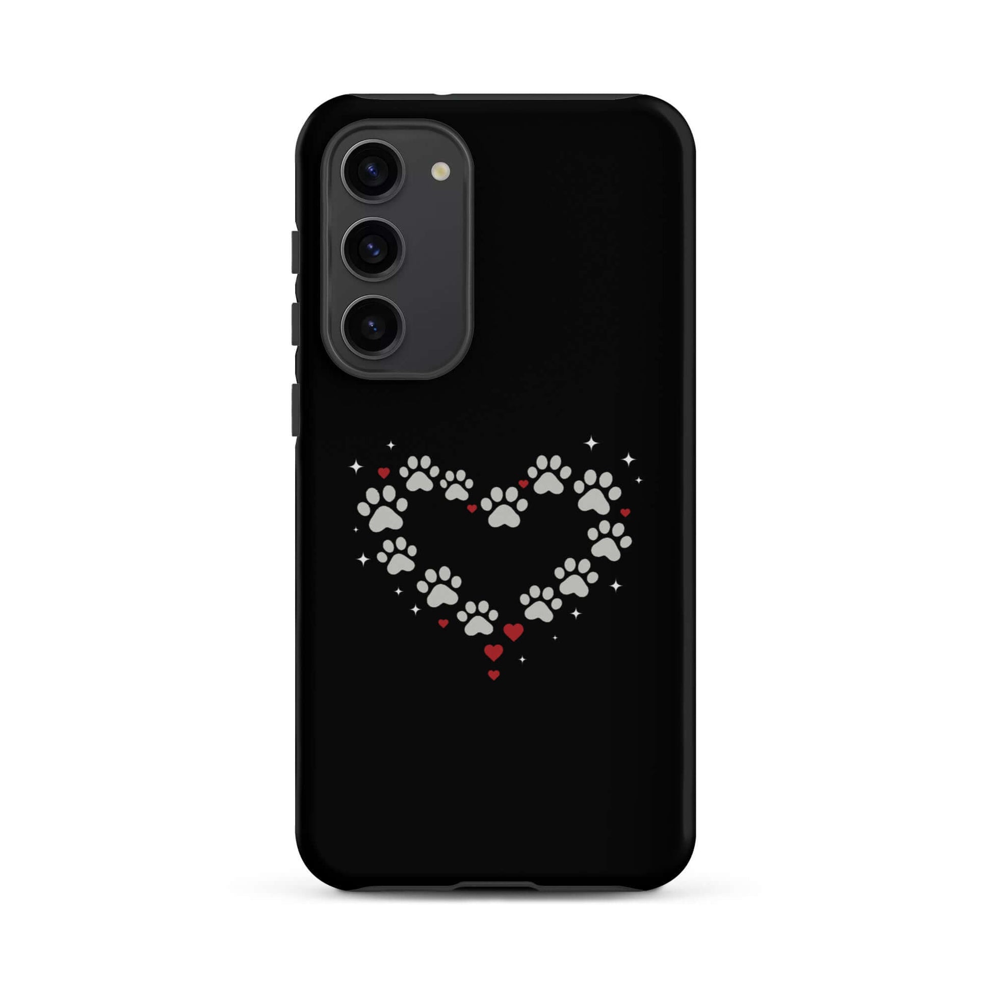 Phone Case for Samsung Galaxy with paw-print heart design on a black background.