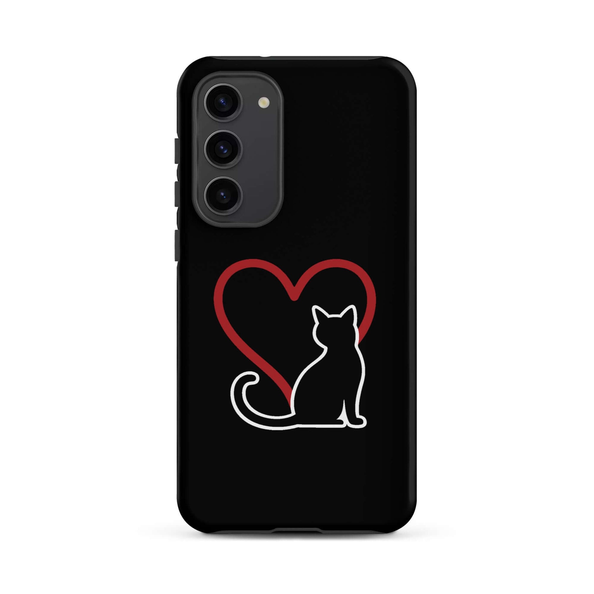 Phone Case featuring a minimalist black cat outline and a red heart design, perfect for cat lovers.