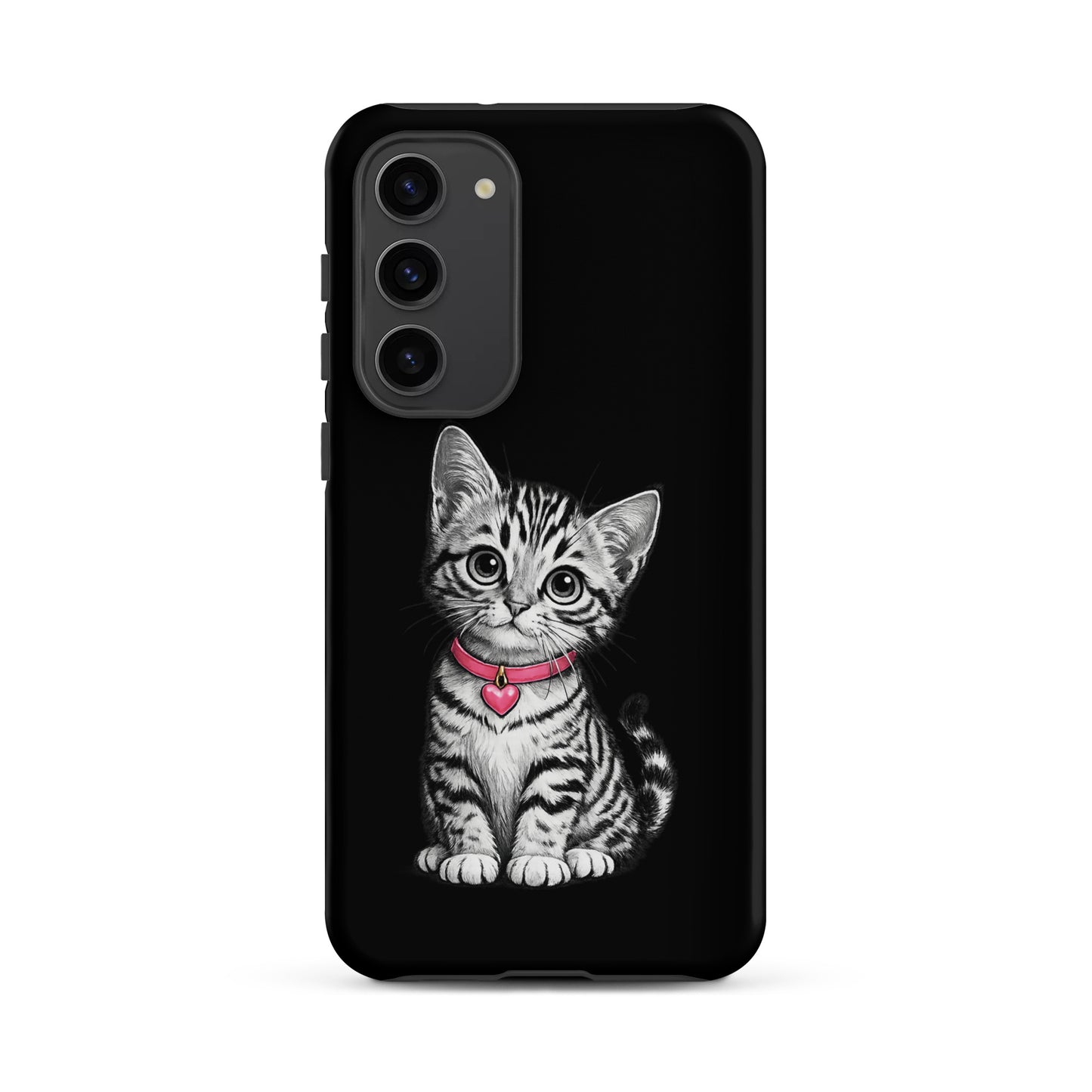 Phone Case for Samsung Galaxy with kitten and pink heart charm design, features pencil-sketch style kitten with black-and-white details.