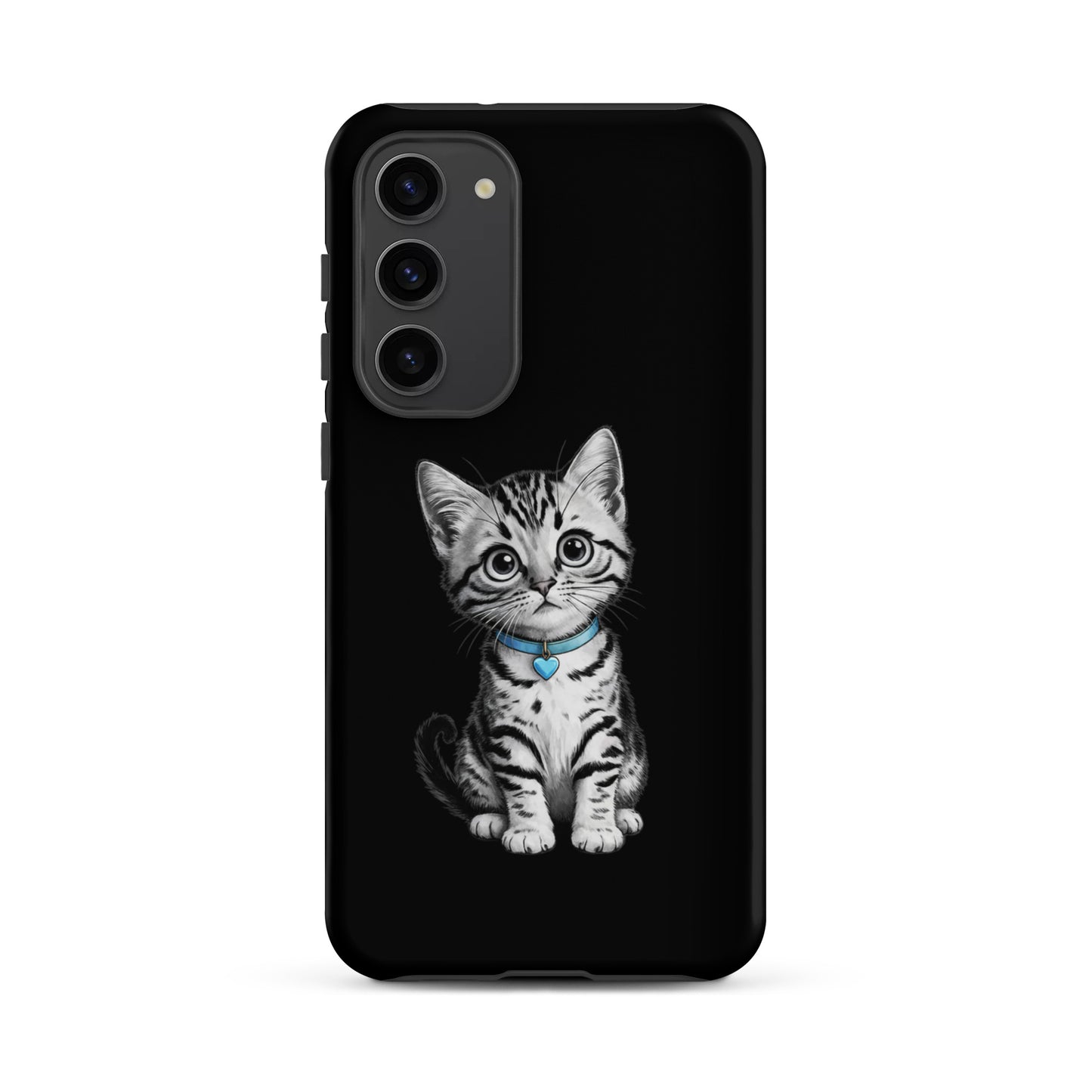 Phone Case for Samsung Galaxy featuring kitten with blue heart charm, pencil-sketch design blending artful charm with premium protection.