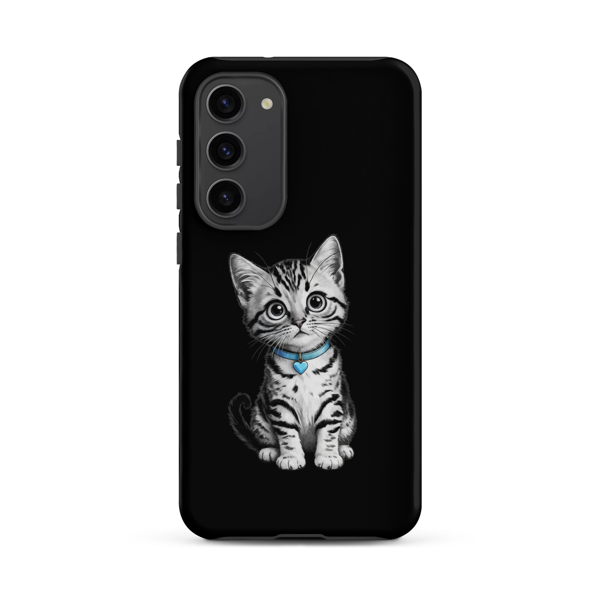 Phone Case for Samsung Galaxy featuring kitten with blue heart charm, pencil-sketch design blending artful charm with premium protection.