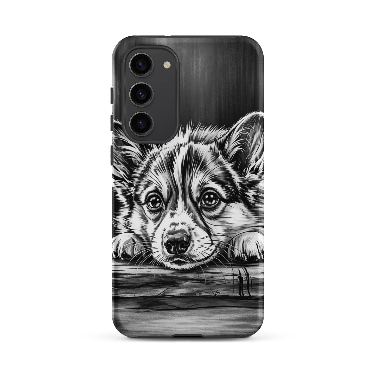 Phone Case for Samsung Galaxy featuring elegant black-and-white puppy art for premium protection on aged wood background.