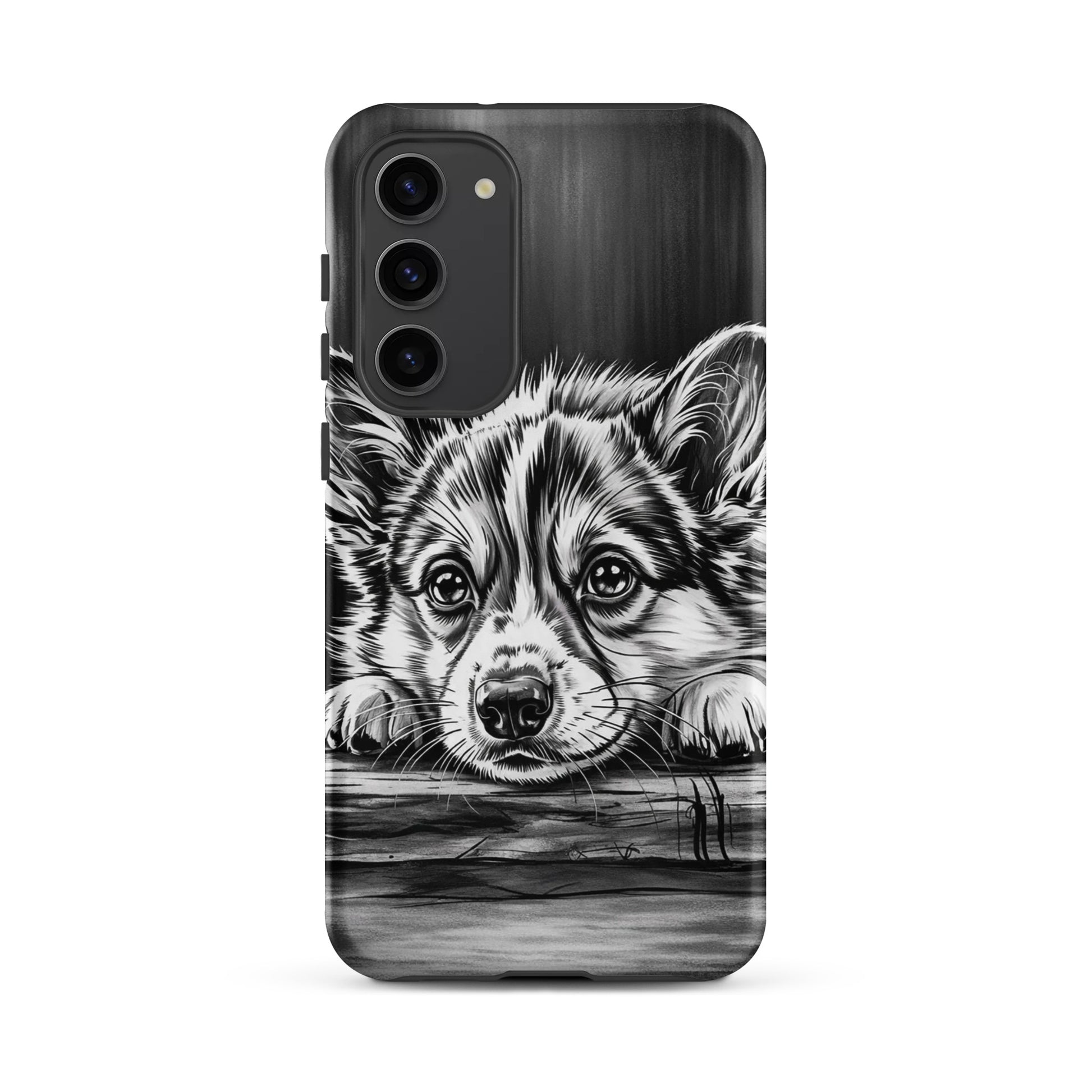 Phone Case for Samsung Galaxy featuring elegant black-and-white puppy art for premium protection on aged wood background.