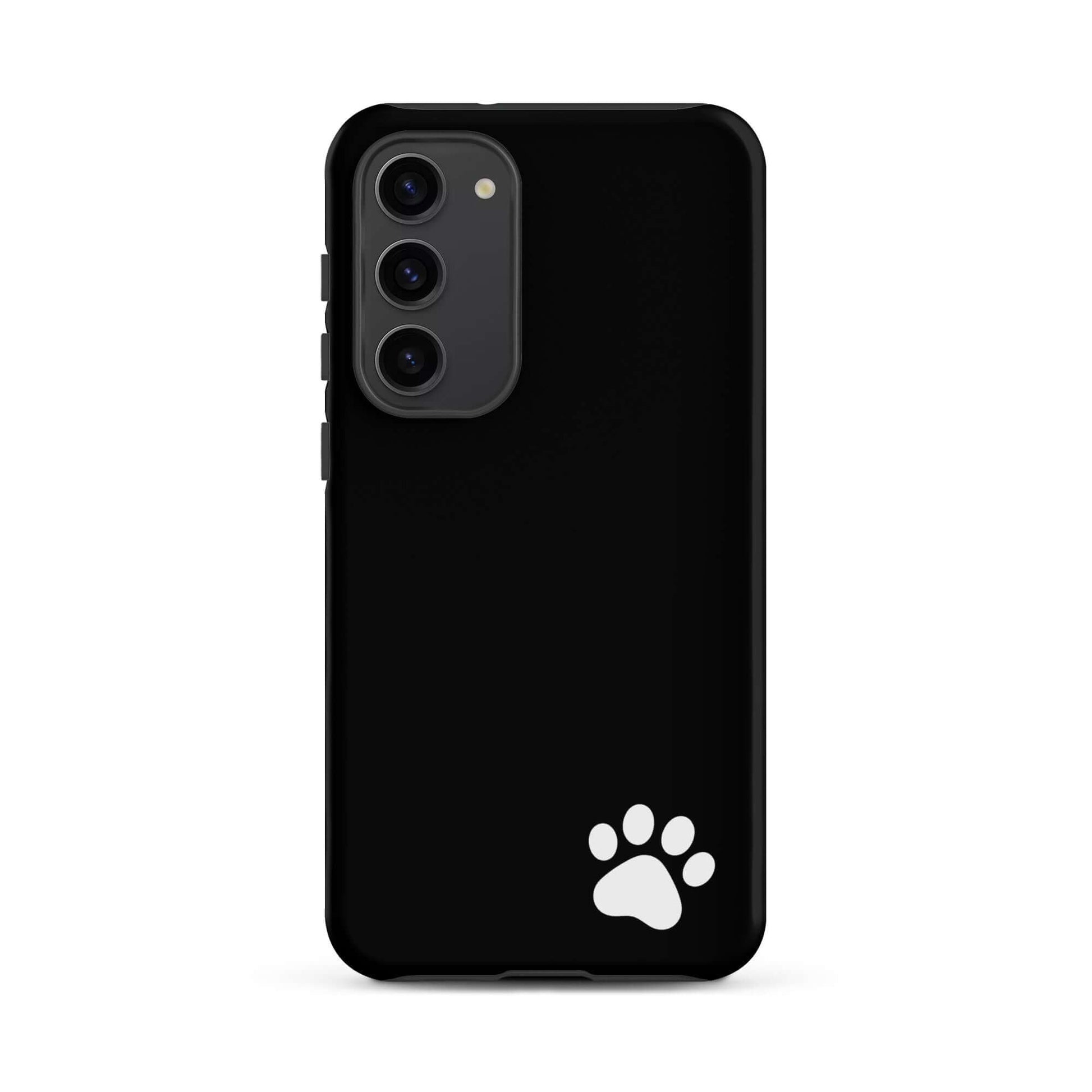 Phone Case: Black Samsung Galaxy Tough Case with white paw print design, minimalist and stylish for pet lovers.