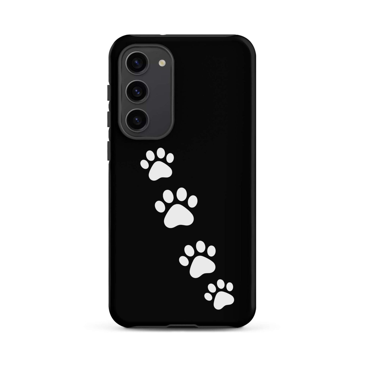 Phone case for Samsung Galaxy with white paw-print trail design on black background, ideal for playful pet lovers.