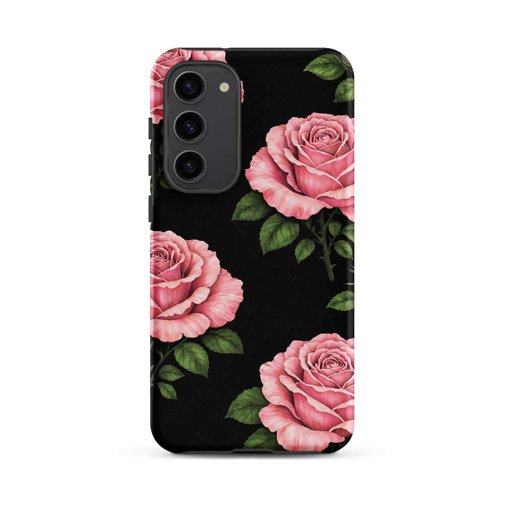 Phone Case for Samsung Galaxy with pink rose garden design on black background, featuring hand-sketched pink roses and green leaves.