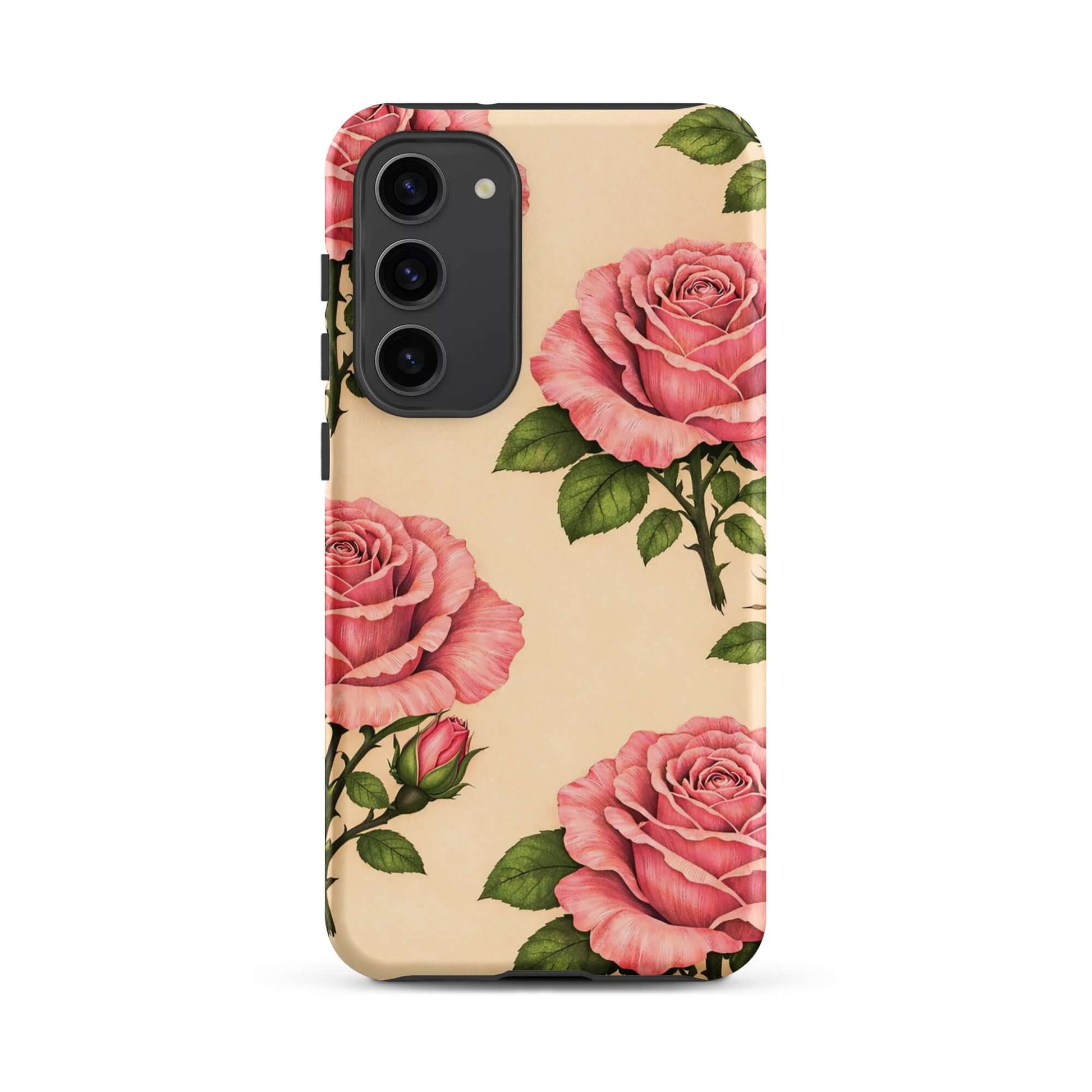 Phone Case for Samsung Galaxy with pink roses on warm cream background, floral design, elegant and protective phone case.