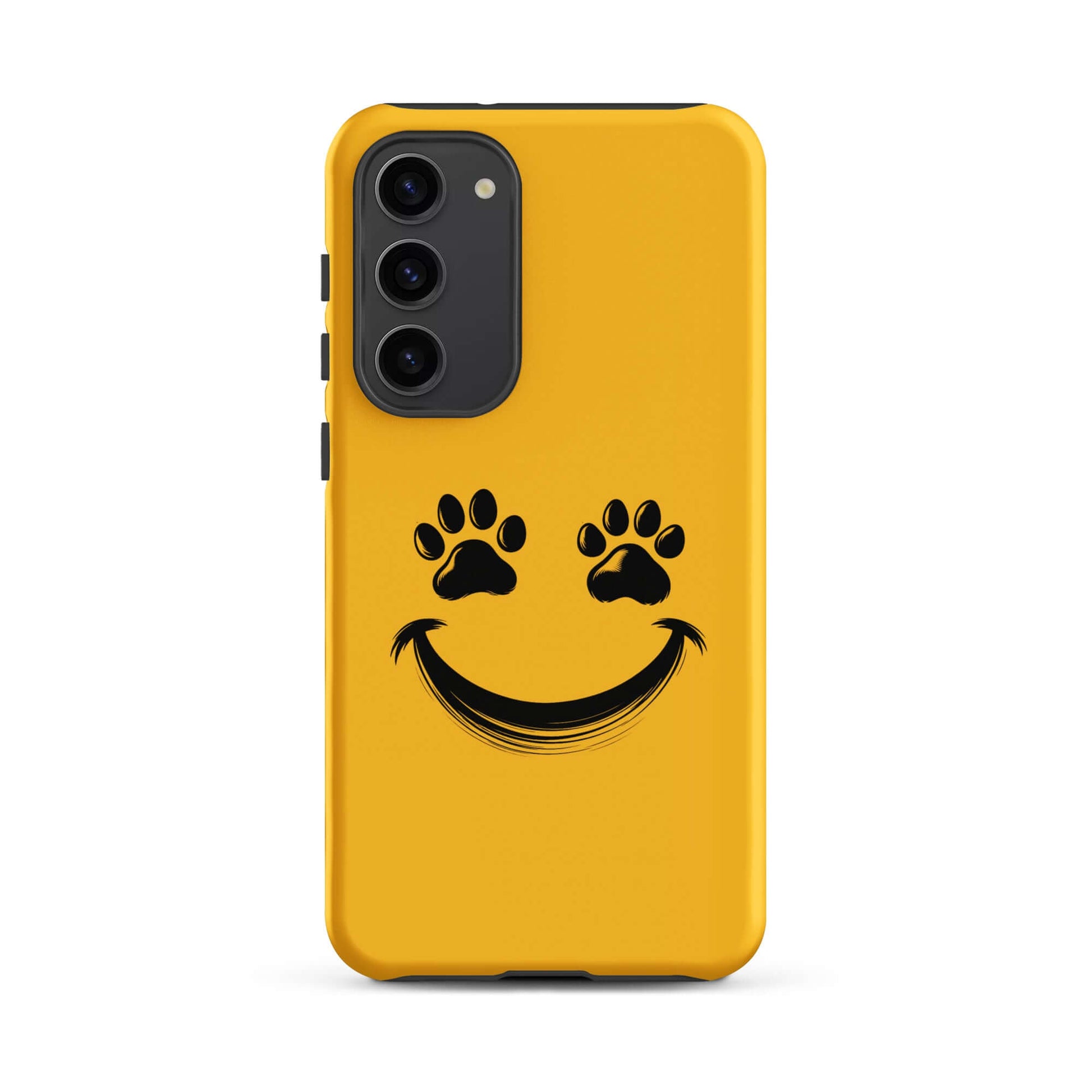 Yellow Phone Case for Samsung Galaxy with smiley paw print design, perfect for playful pet lovers and animal enthusiasts.