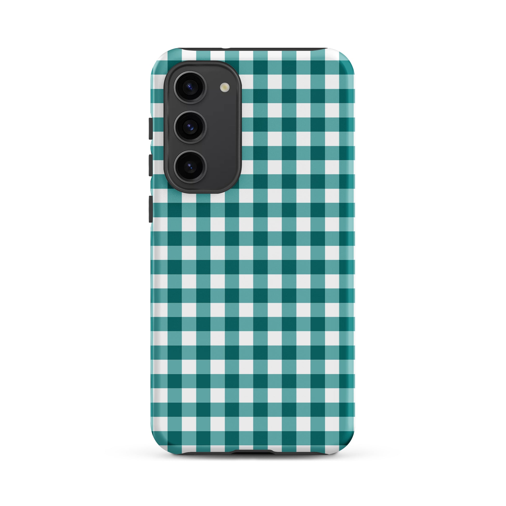 Phone Case for Samsung Galaxy with teal and white gingham pattern, combining style and protection.