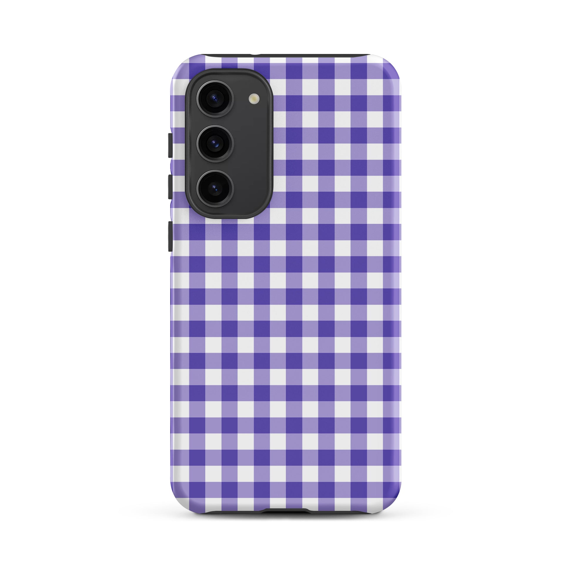 Phone case for Samsung Galaxy with purple gingham pattern, style meets protection.