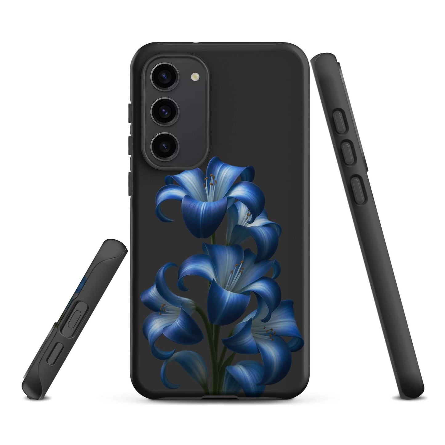 Phone Case for Samsung Galaxy with Blue Lily Bloom Art, featuring vibrant blue lilies on a sleek dark backdrop for protection and style.