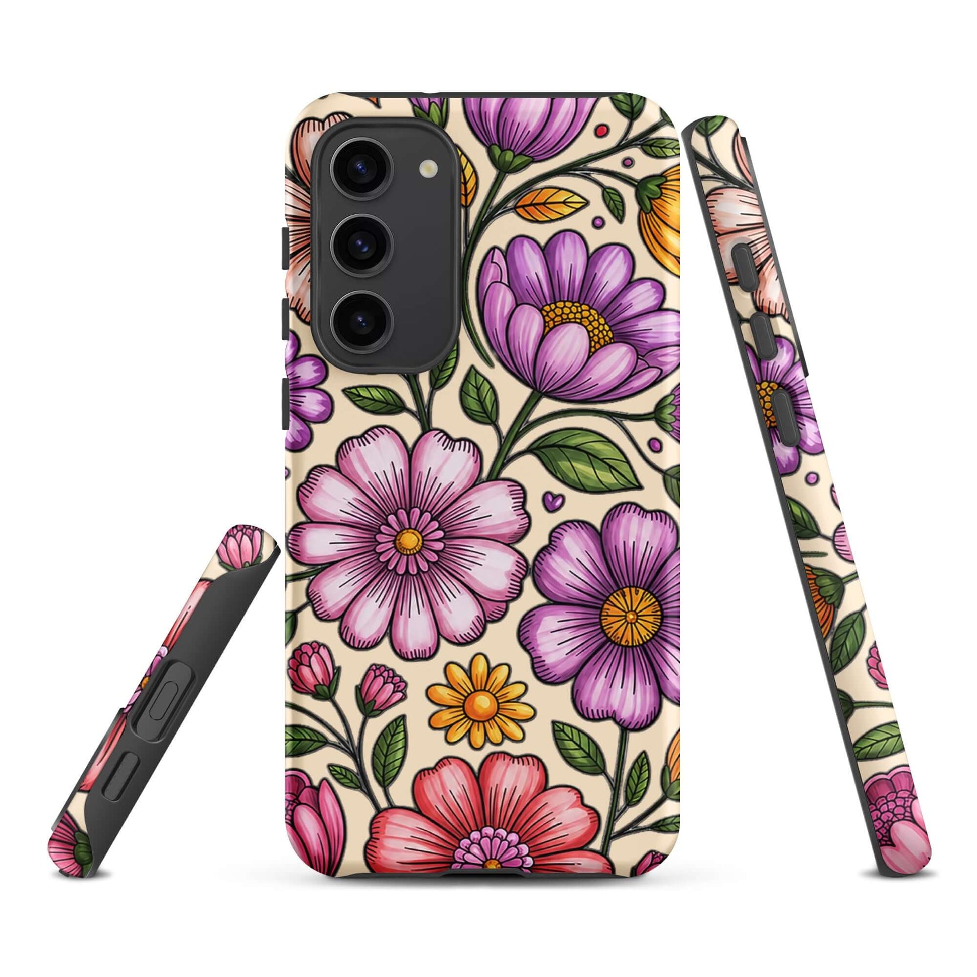 Phone Case for Samsung Galaxy with pastel floral design in pink, peach, lavender, and yellow on a durable polycarbonate shell.