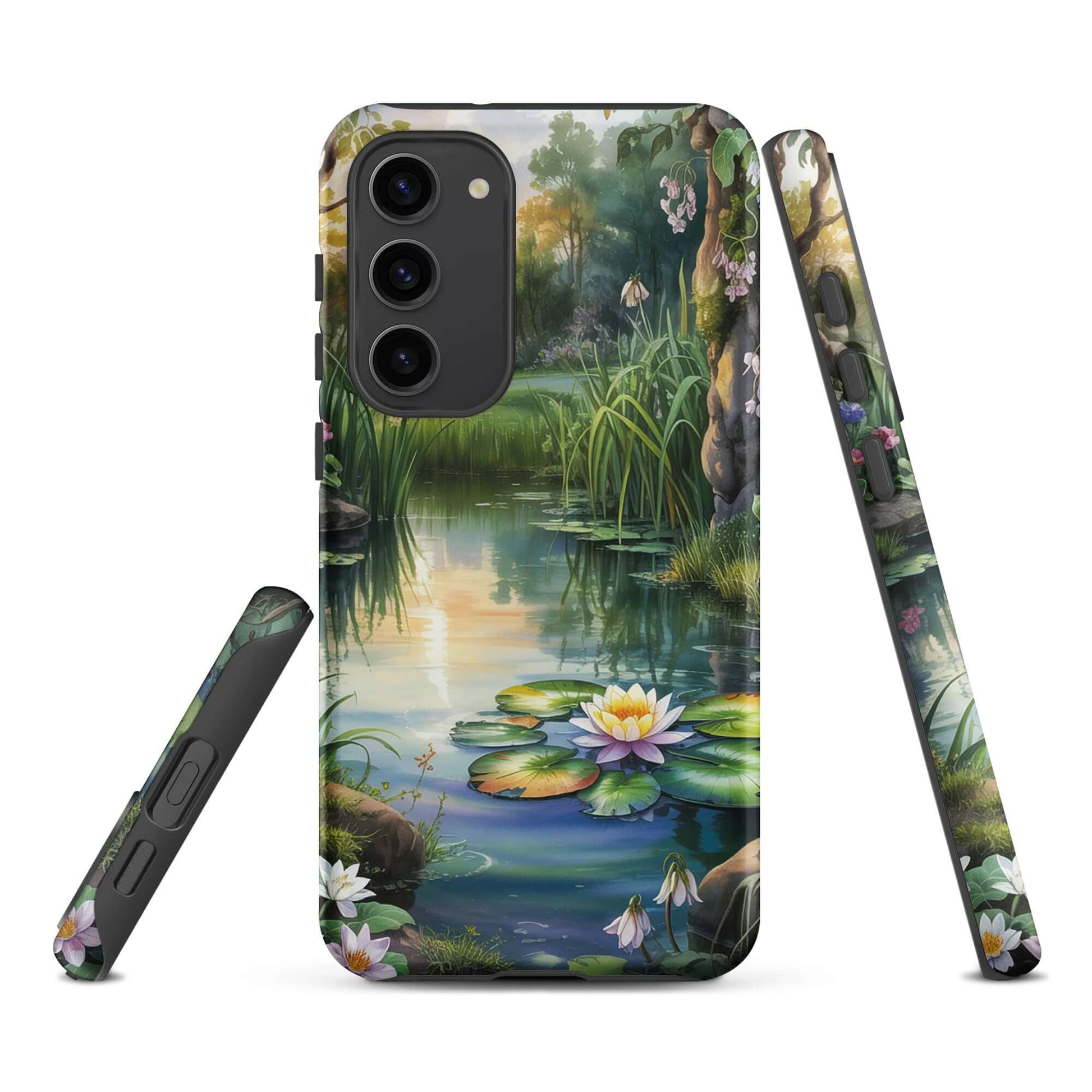 Phone Case for Samsung Galaxy with enchanted pond design, featuring lily-dotted water, sunset light, and vibrant greenery.
