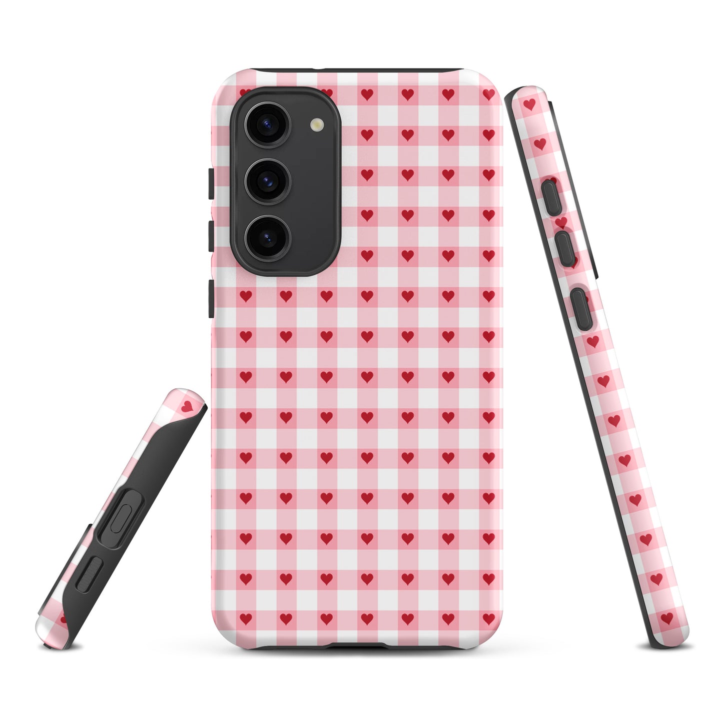 Phone Case for Samsung Galaxy with pink-and-white gingham heart pattern, combining playful charm and luxury design for chic durability.