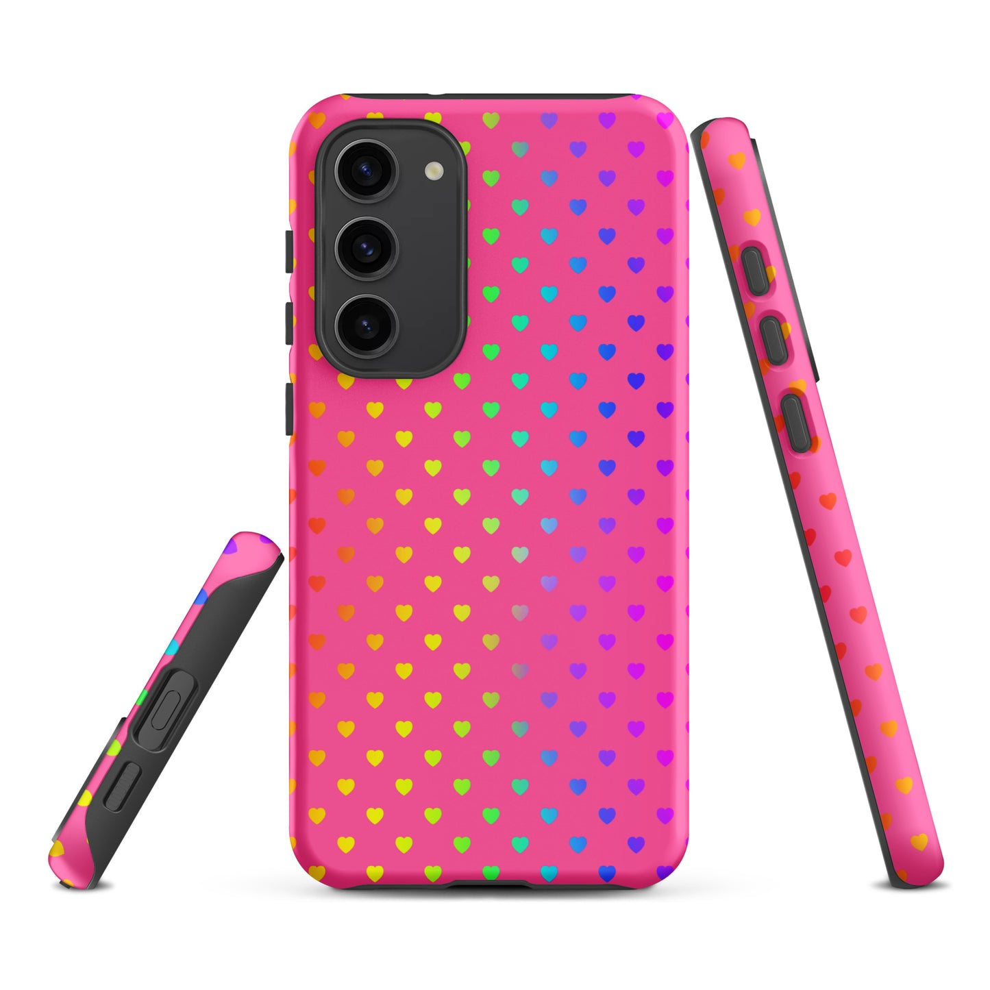 Phone case with rainbow hearts for Samsung Galaxy on pink background