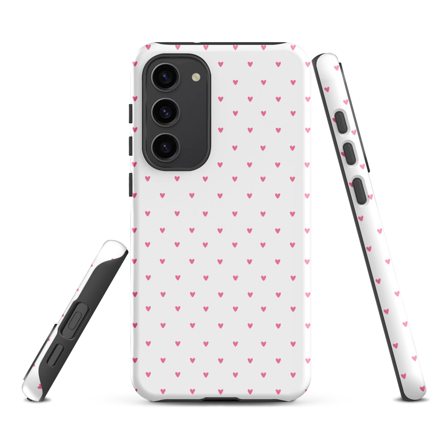 Phone Case for Samsung Galaxy featuring heart-dot pattern with playful polka-dots, minimalist and stylish design on white background.