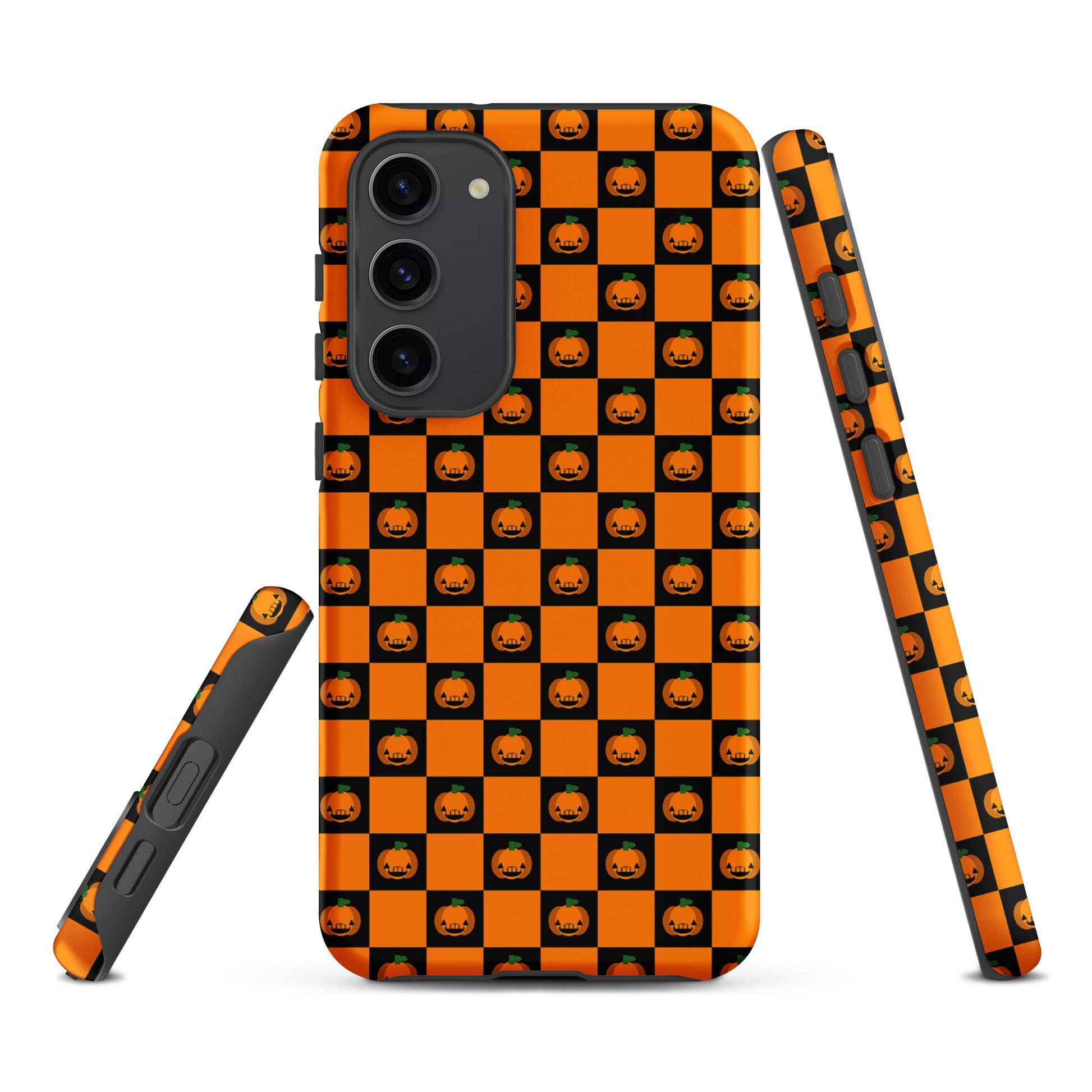Phone Case for Samsung Galaxy with Pumpkin Checkered Halloween Design featuring orange and black squares with jack-o'-lanterns.