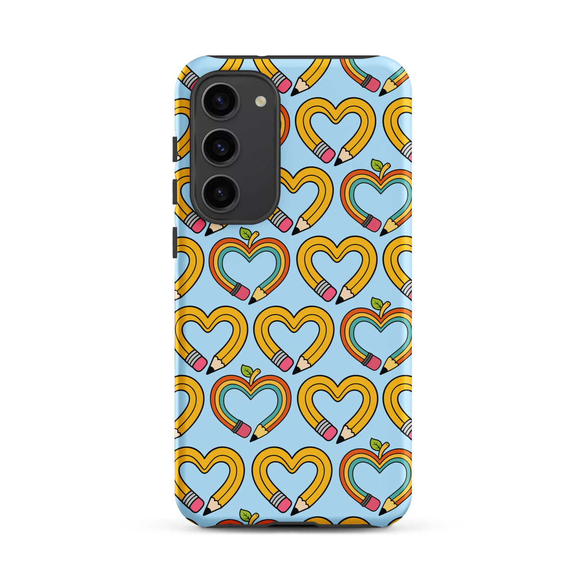 Phone Case for Samsung Galaxy with playful pencil-heart pattern and green leaves on a blue background, symbolizing creativity and growth.