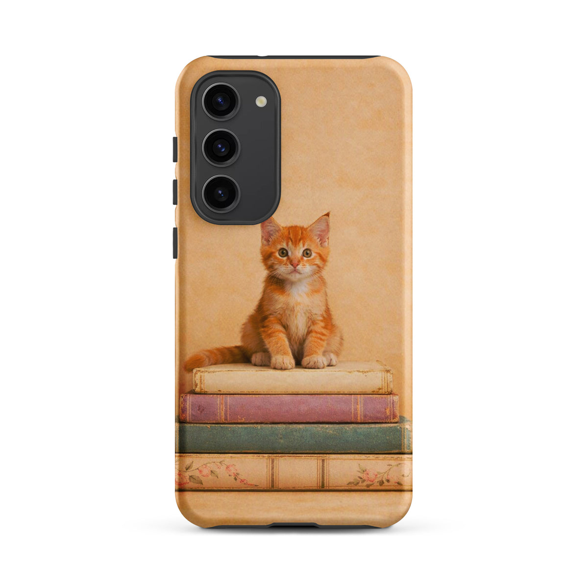 Phone Case for Samsung Galaxy with Cozy Kitten and Vintage Books design, featuring a cute orange tabby kitten on pastel book stack.