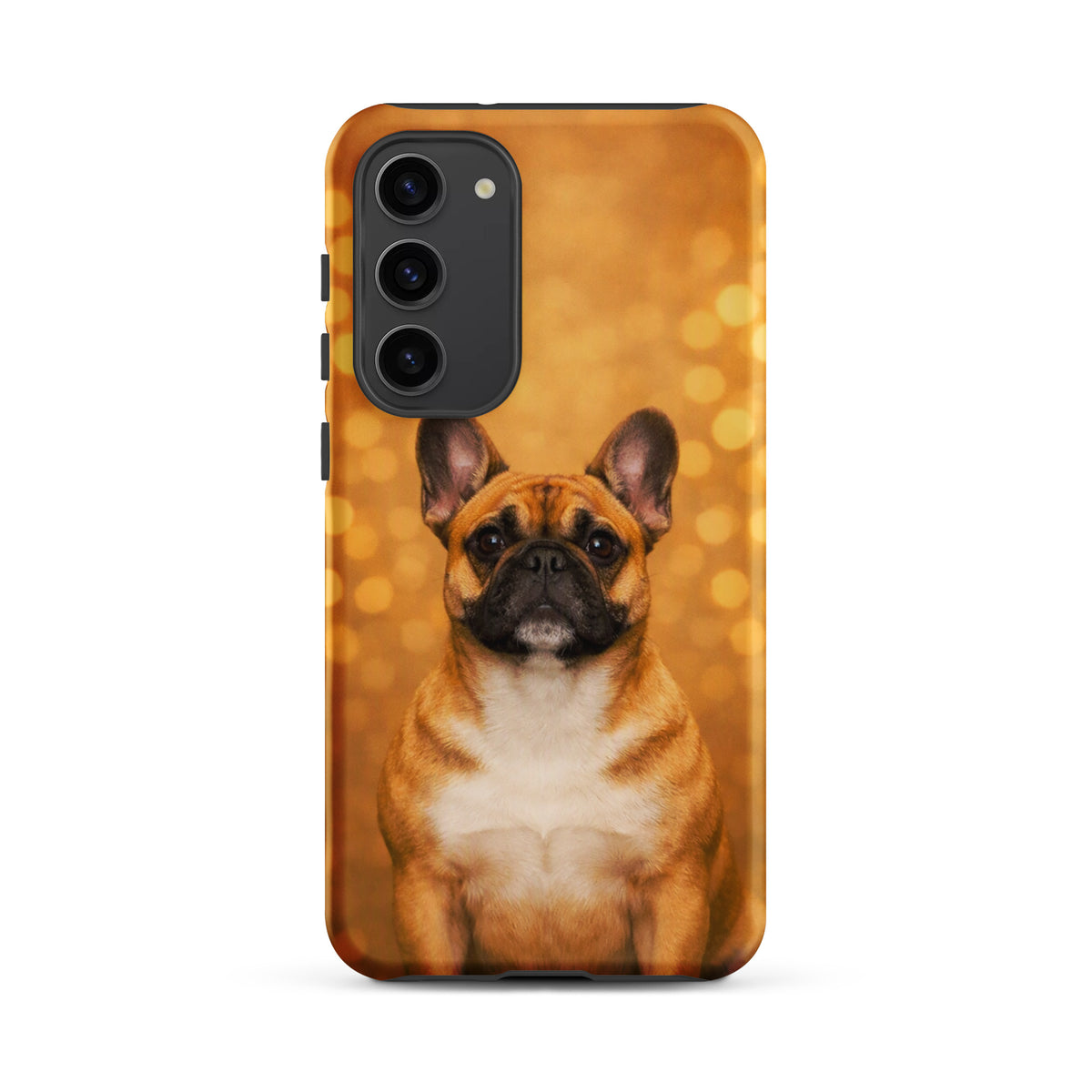 Phone Case for Samsung Galaxy featuring adorable French Bulldog against golden bokeh background, perfect for dog lovers.