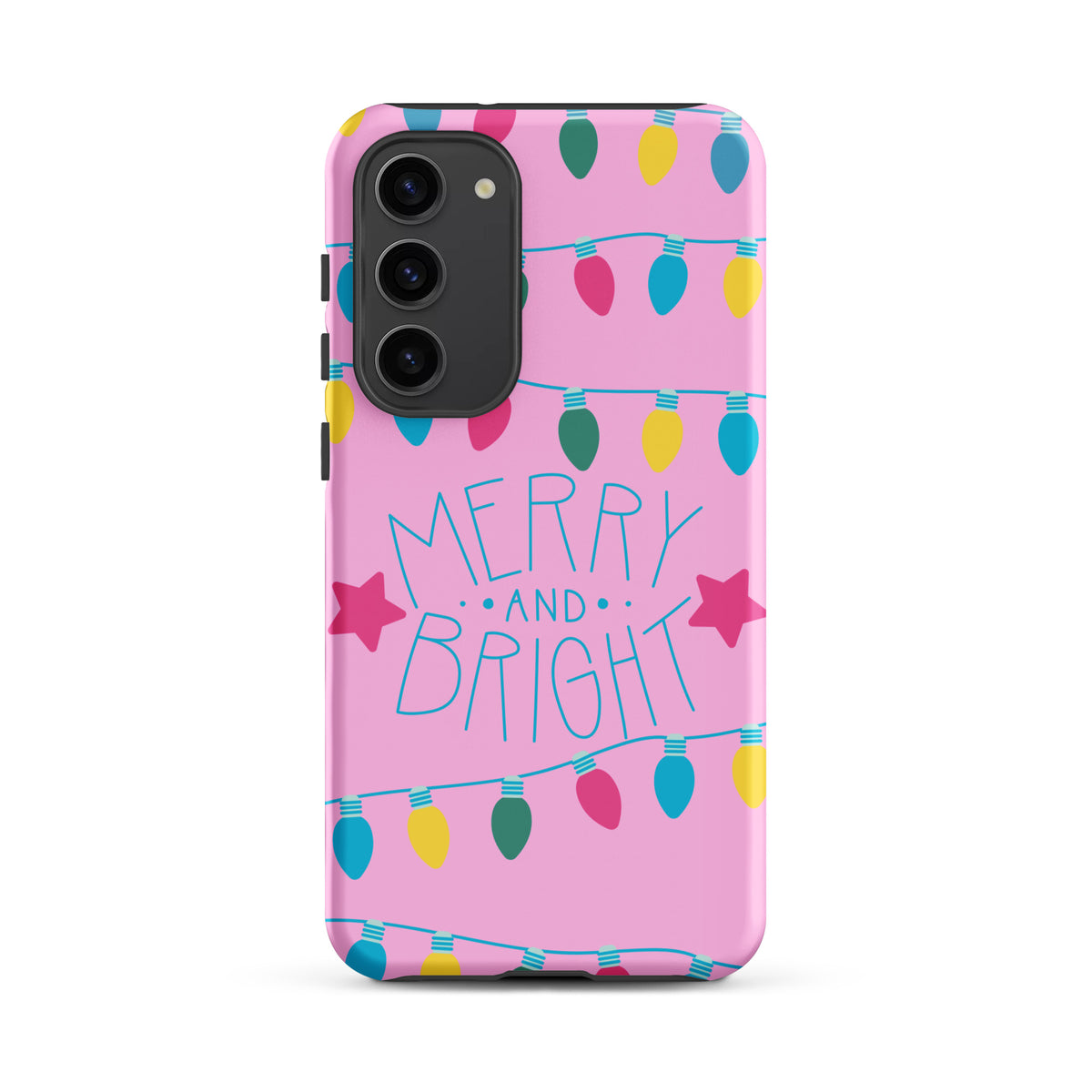 Phone Case for Samsung Galaxy with holiday lights and Merry and Bright design on pink background