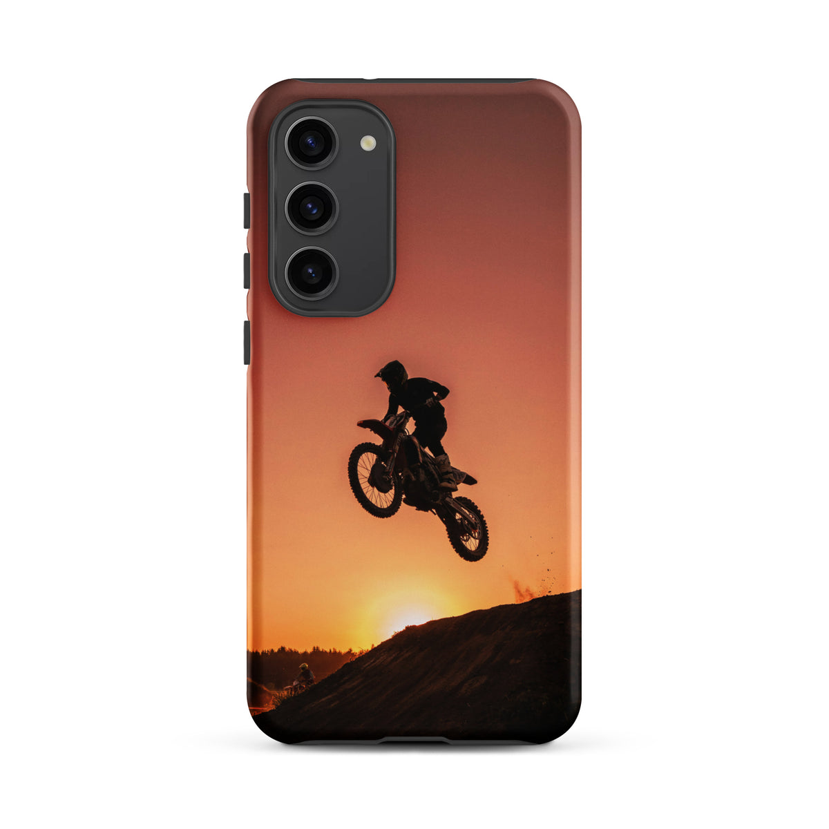 Phone Case for Samsung Galaxy with motocross dirt bike sunset design, featuring a silhouette jump against orange and black backdrop.