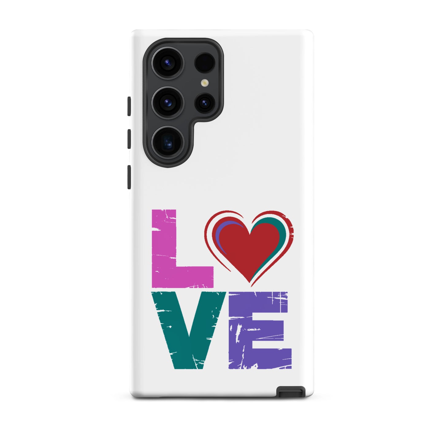 Tough case for Samsung Galaxy Phones featuring colorful 'love' design and heart graphic.