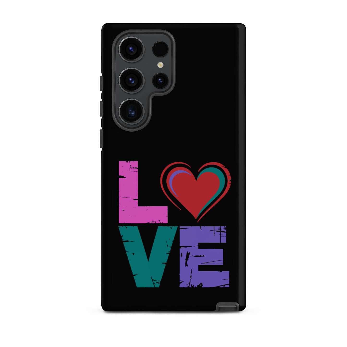 Tough case for Samsung Galaxy Phones featuring the word 'love' with a heart design, perfect for stylish protection.