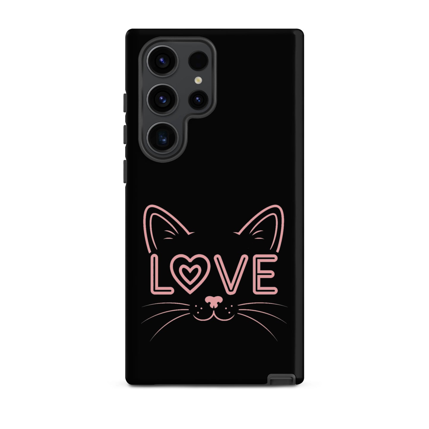 Cat Love phone case for Samsung Galaxy featuring a minimalist cat face and the word "love" in pink.