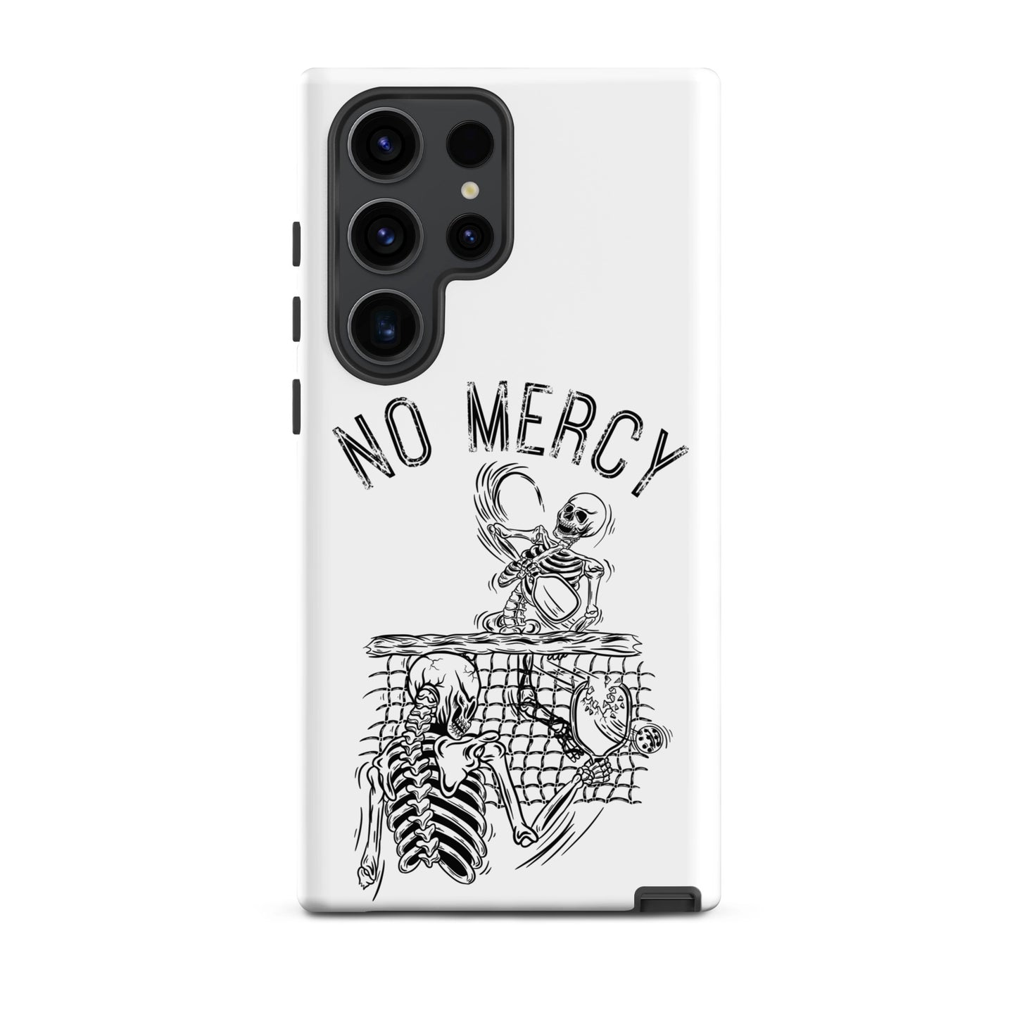Pickleball Samsung Galaxy case featuring 'No Mercy' design with skeletons and a bird.