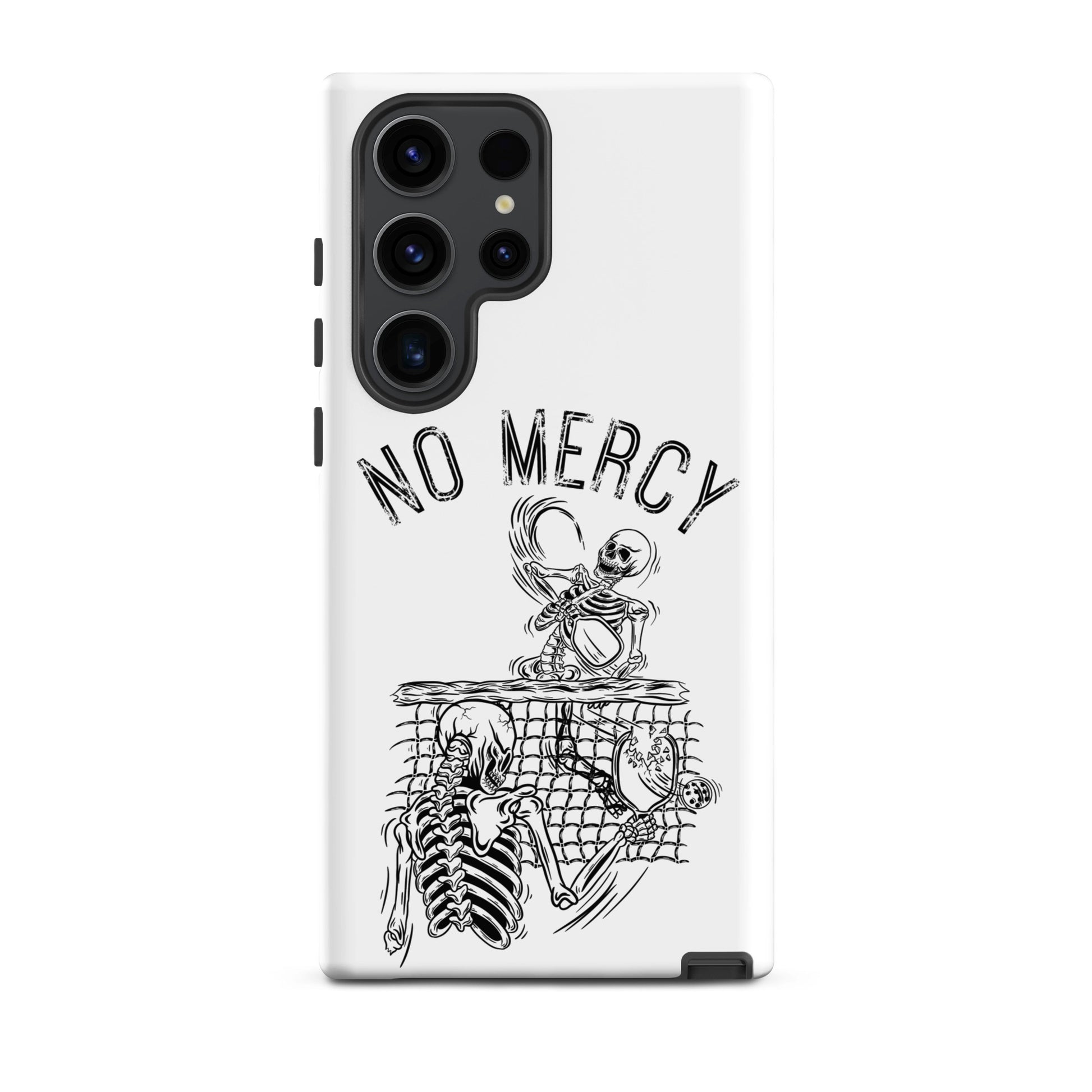 Pickleball Samsung Galaxy case featuring 'No Mercy' design with skeletons and a bird.