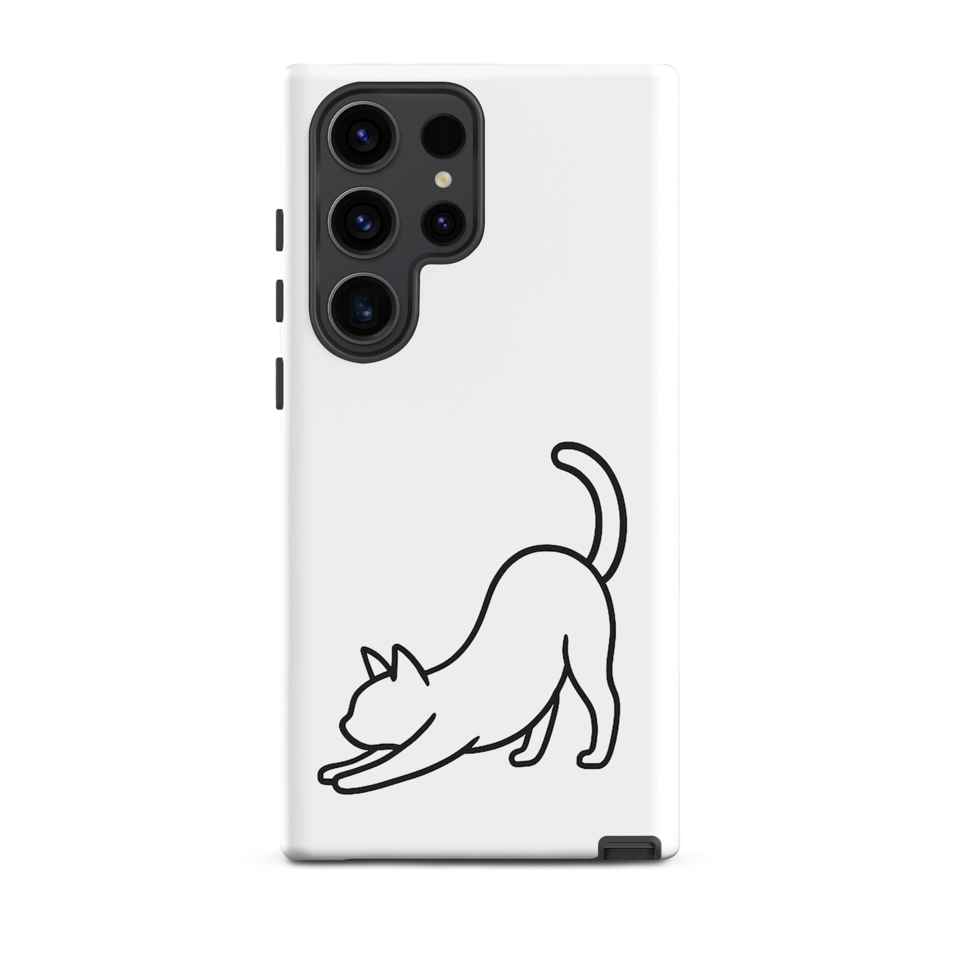 Phone Case for Samsung Galaxy featuring a minimalist stretching cat design on a sleek white background.