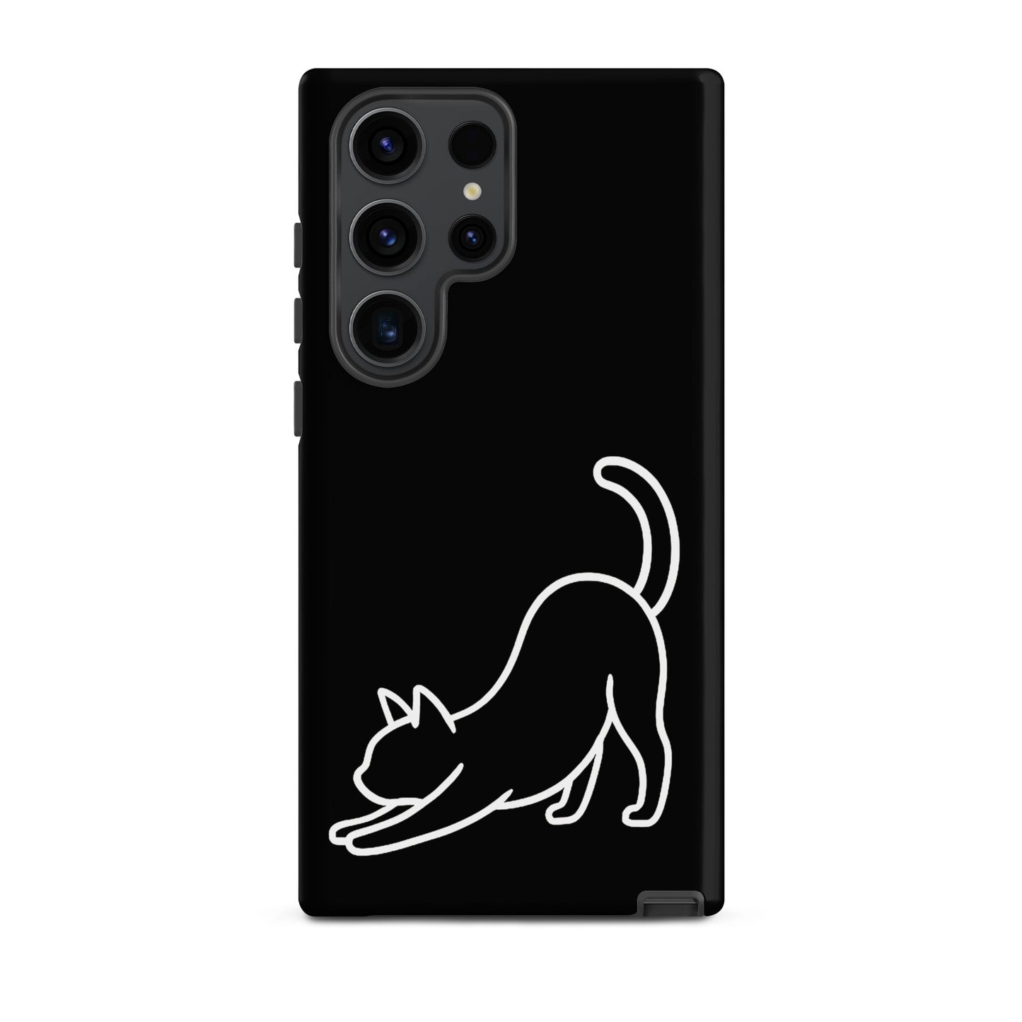 Phone Case for Samsung Galaxy featuring minimalist stretching cat design on a sleek black background.