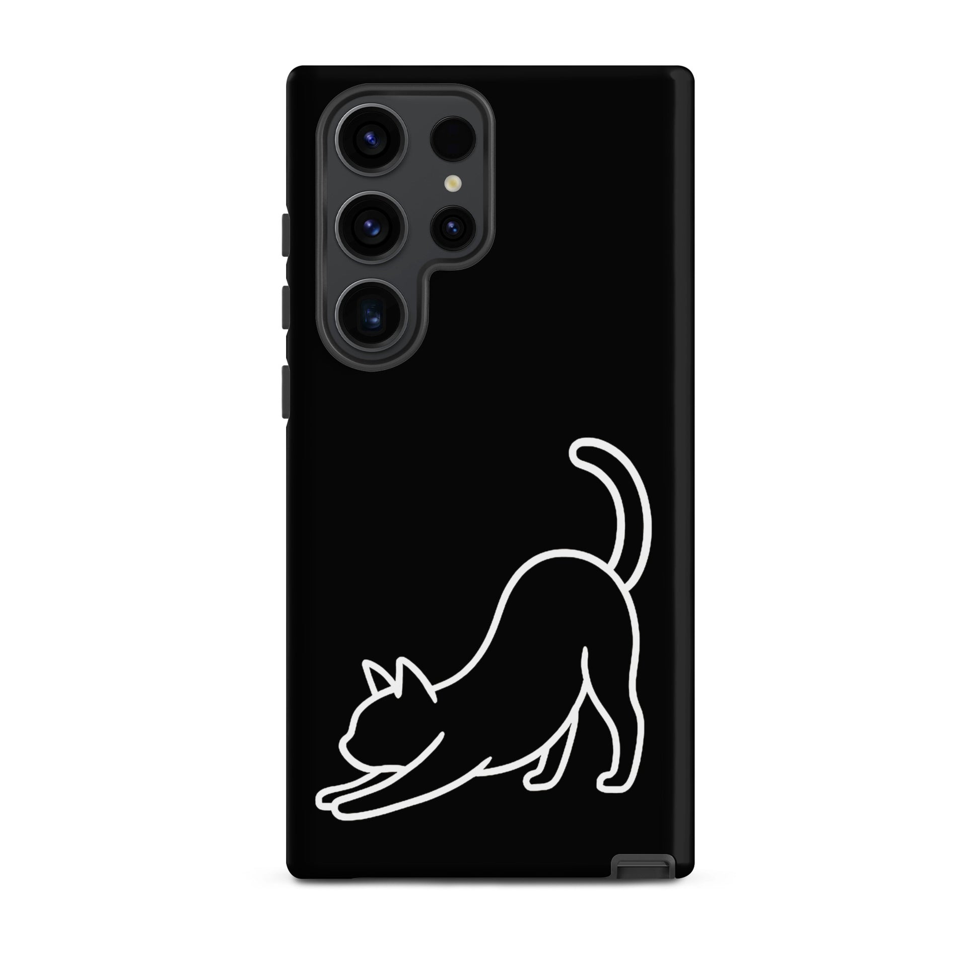 Phone Case for Samsung Galaxy featuring minimalist stretching cat design on a sleek black background.