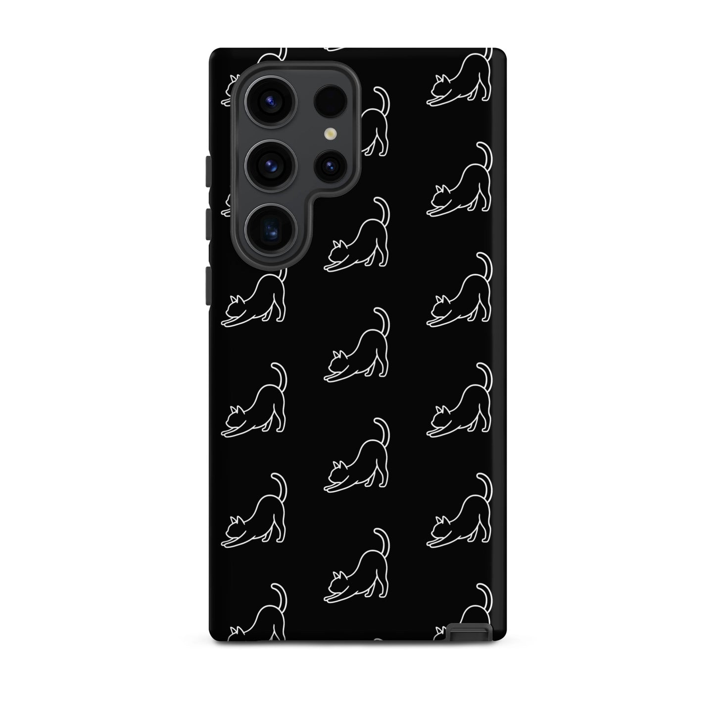 Phone Case for Samsung Galaxy featuring minimalist stretching cat pattern on a black background.