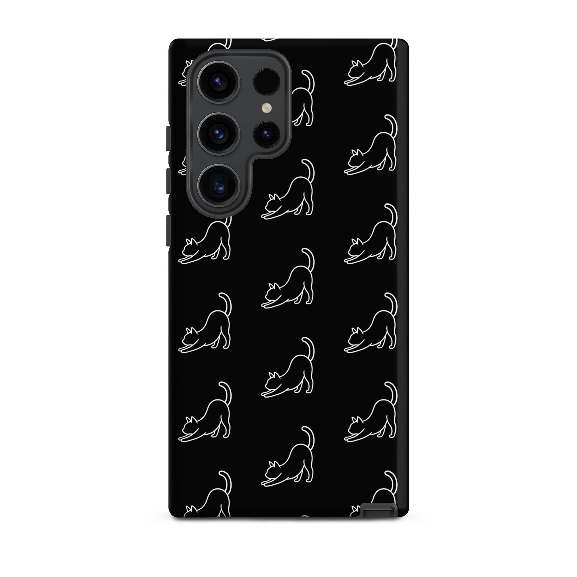 Phone Case for Samsung Galaxy featuring minimalist stretching cat pattern on a black background.