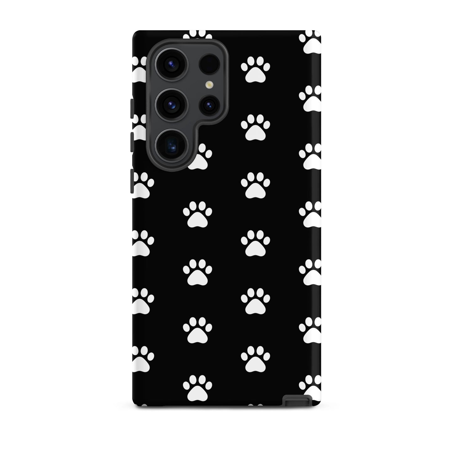 Phone Case for Samsung Galaxy with stylish white paw print design on a black background, ideal for pet lovers.