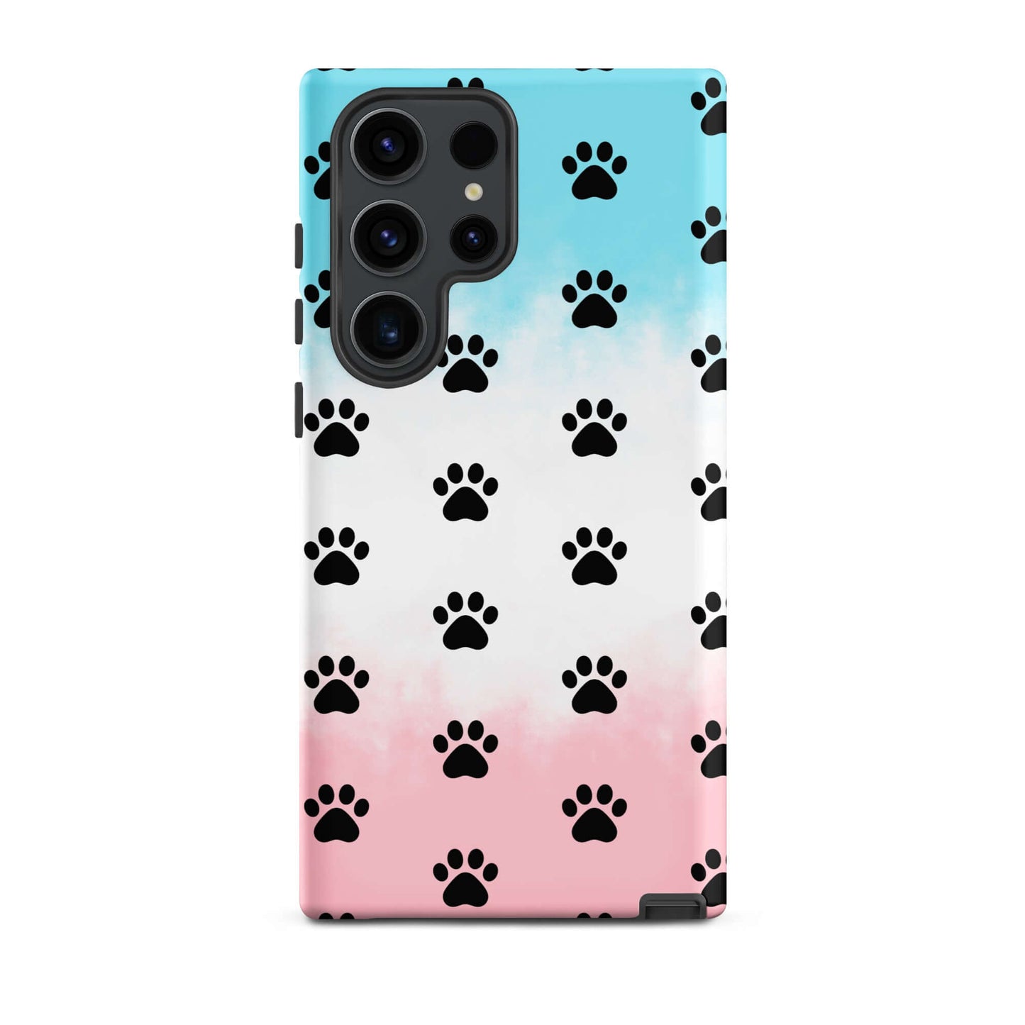 Phone Case for iPhone featuring a playful paw print pattern in blue and pink for pet lovers.