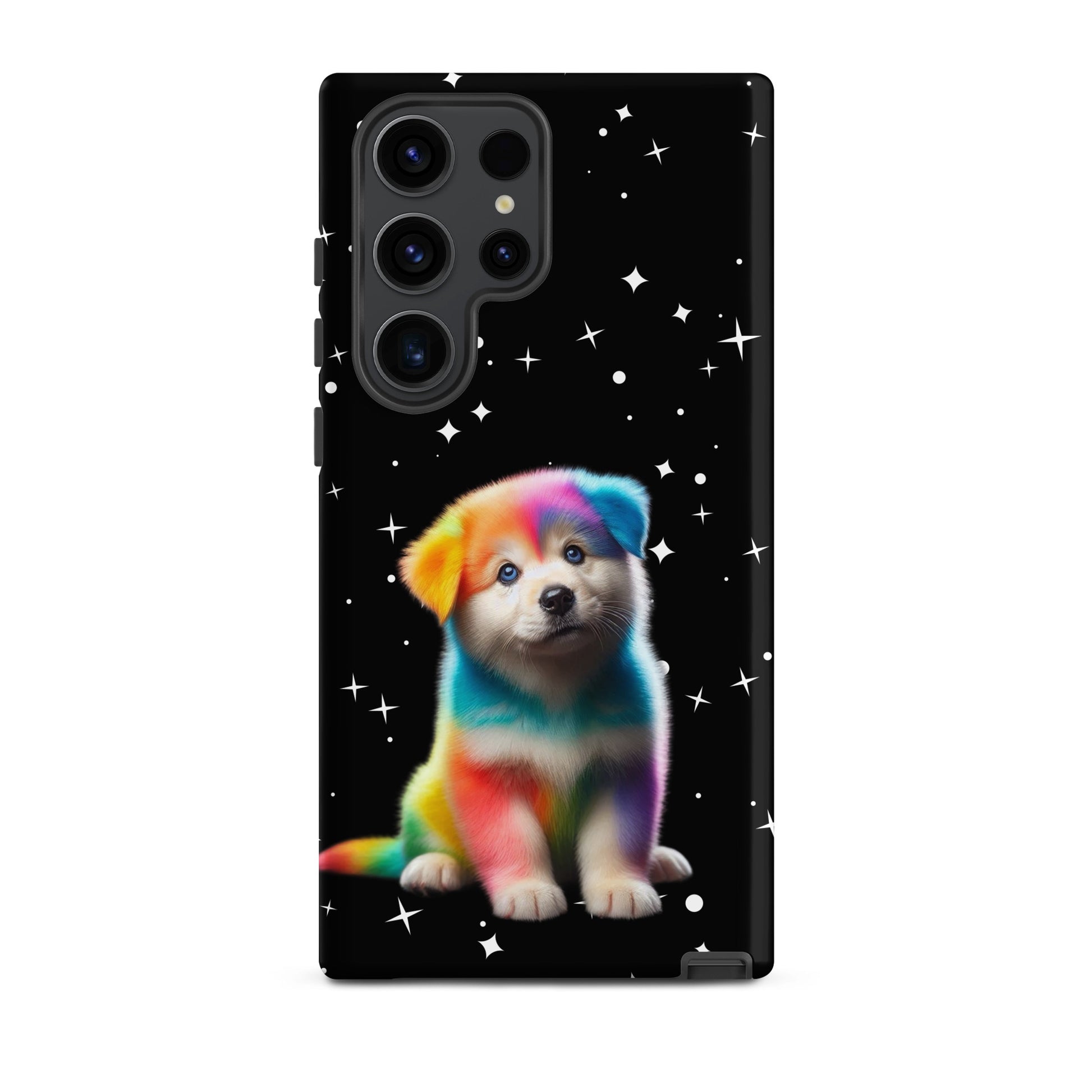 Phone Case for Samsung Galaxy featuring a rainbow puppy design against a starry night background.