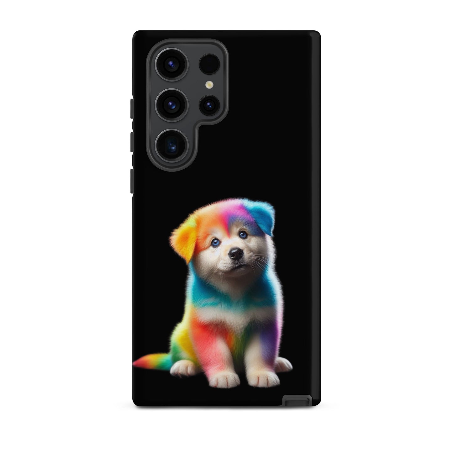 Phone Case featuring a vibrant rainbow puppy design on a black background for Samsung Galaxy.