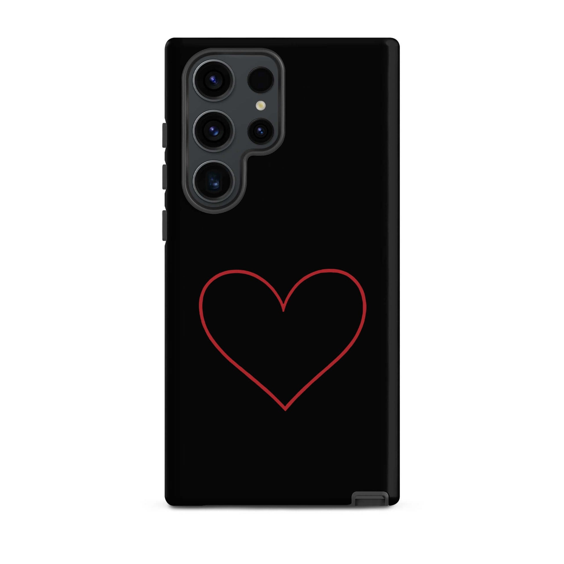 Phone Case for Samsung Galaxy with minimalist crimson heart design on a sleek black background.