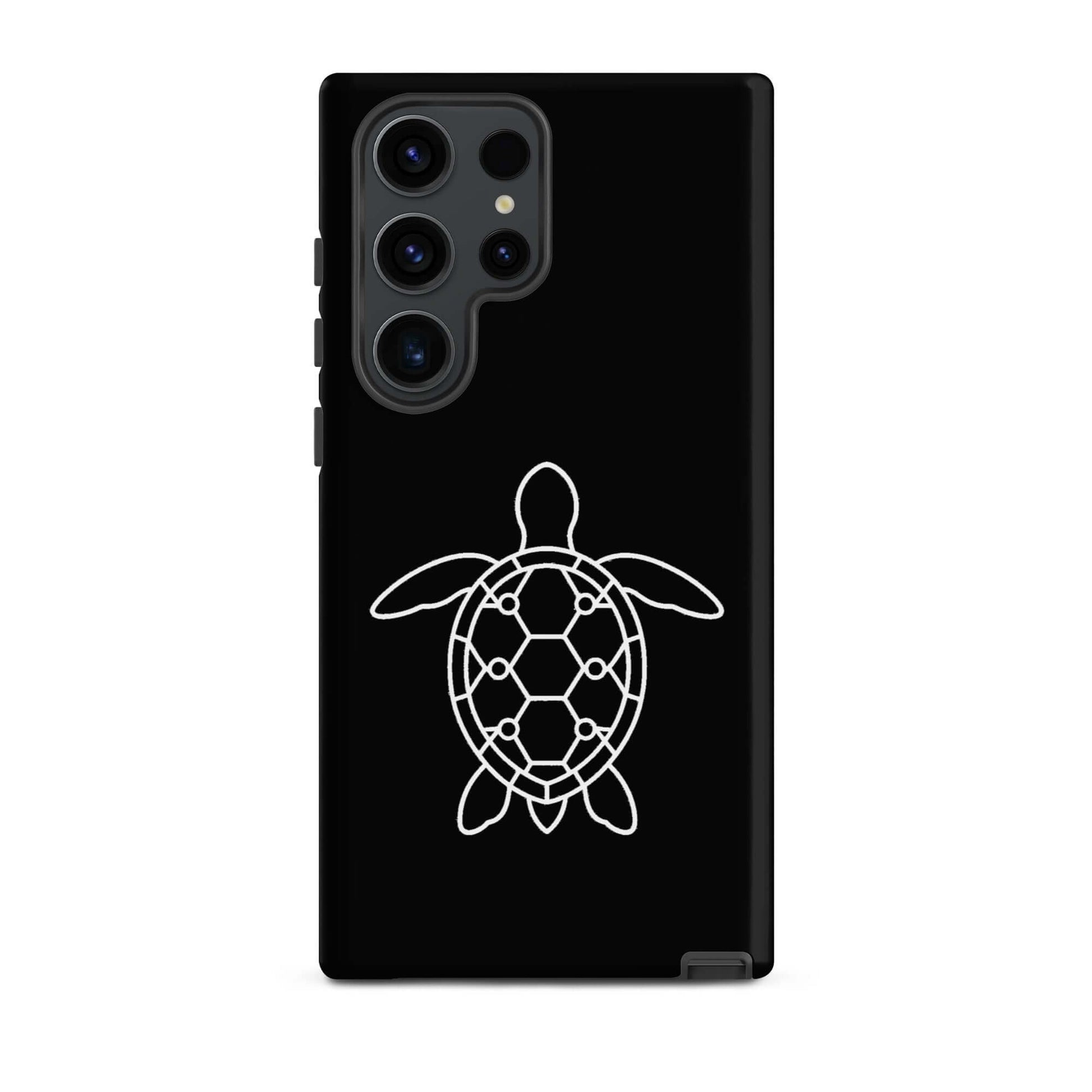 Phone case for Samsung Galaxy featuring a minimalist sea turtle silhouette on a black background.