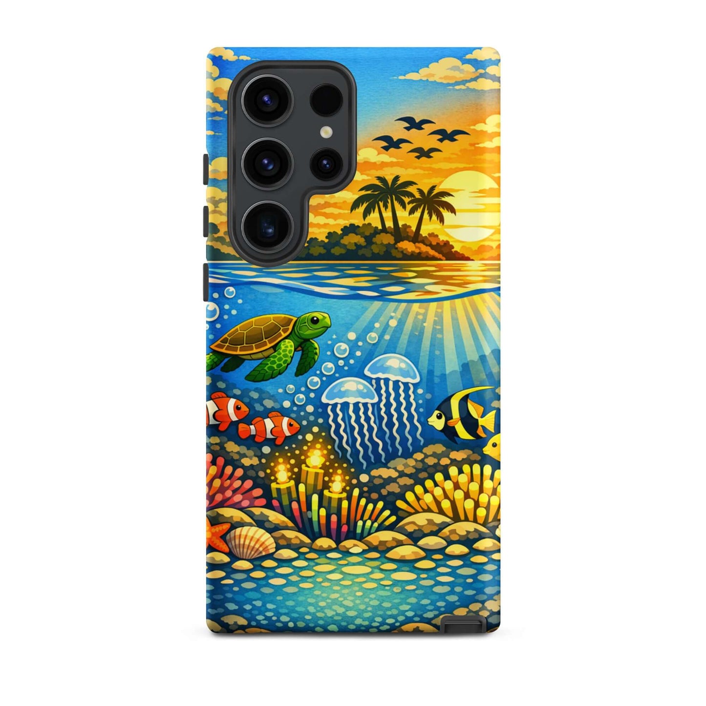 Phone Case for Samsung Galaxy featuring a tropical sunset and vibrant underwater reef scene.