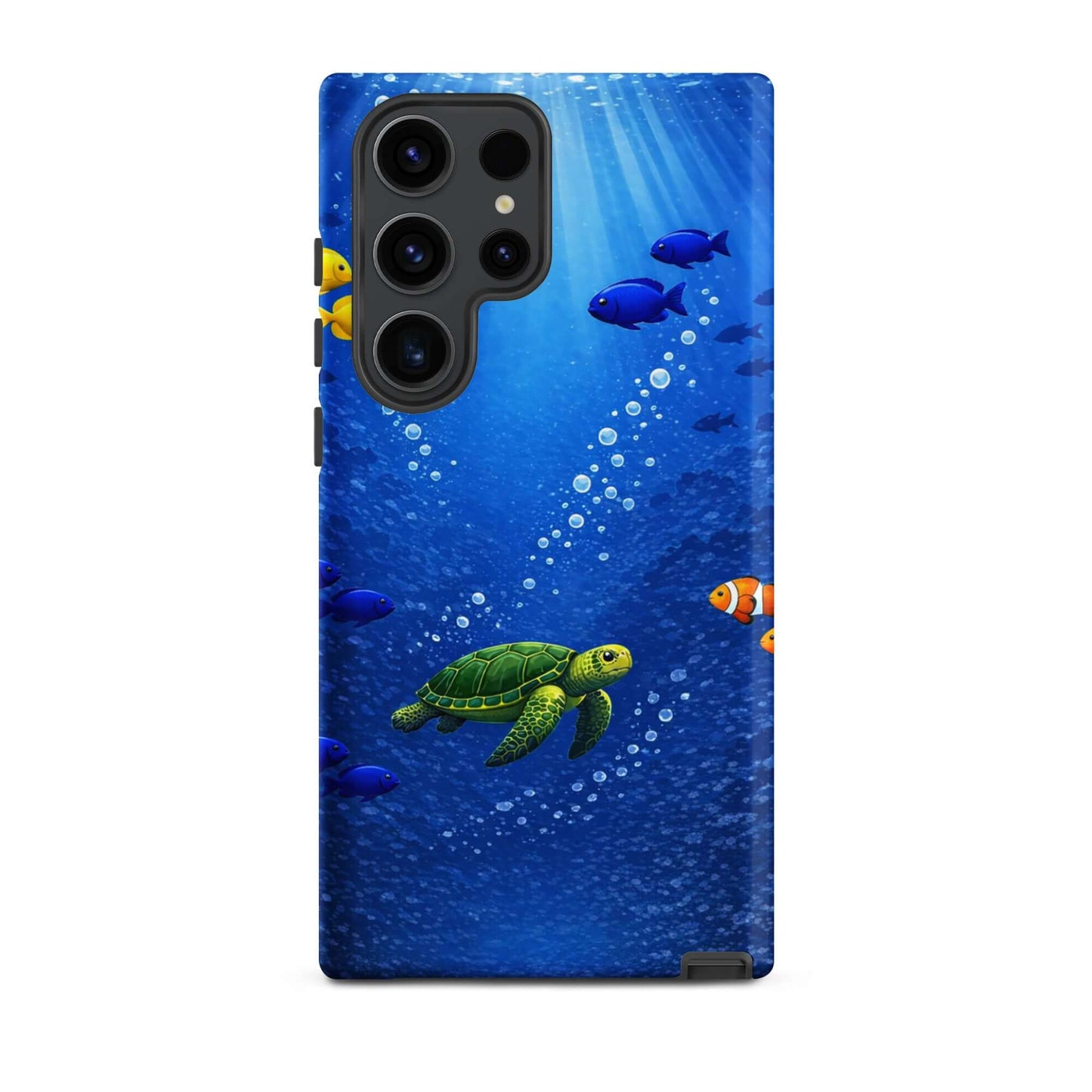 Phone Case for Samsung Galaxy featuring a sea turtle and colorful fish in a deep blue ocean design.