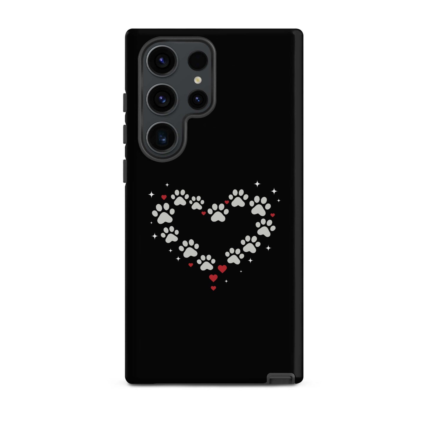 Phone Case for Samsung Galaxy featuring a paw-print heart design on a black background.